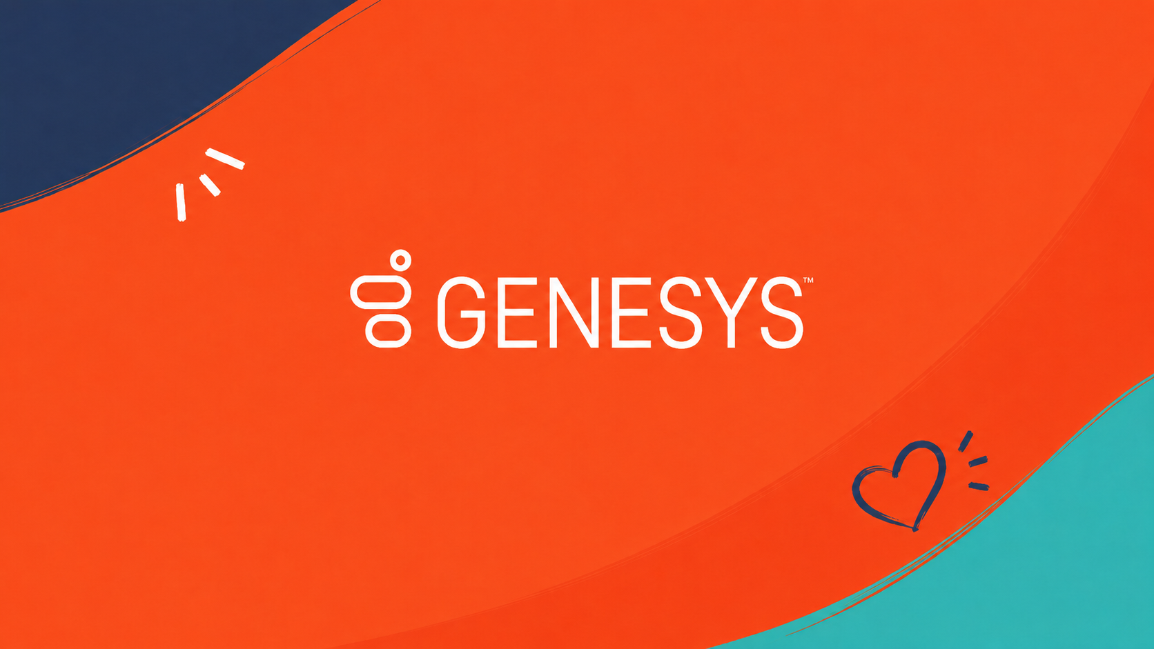 Colorful Genesys branding sheet with a blue and orange background, featuring the Genesys logo and a doodle of a heart.