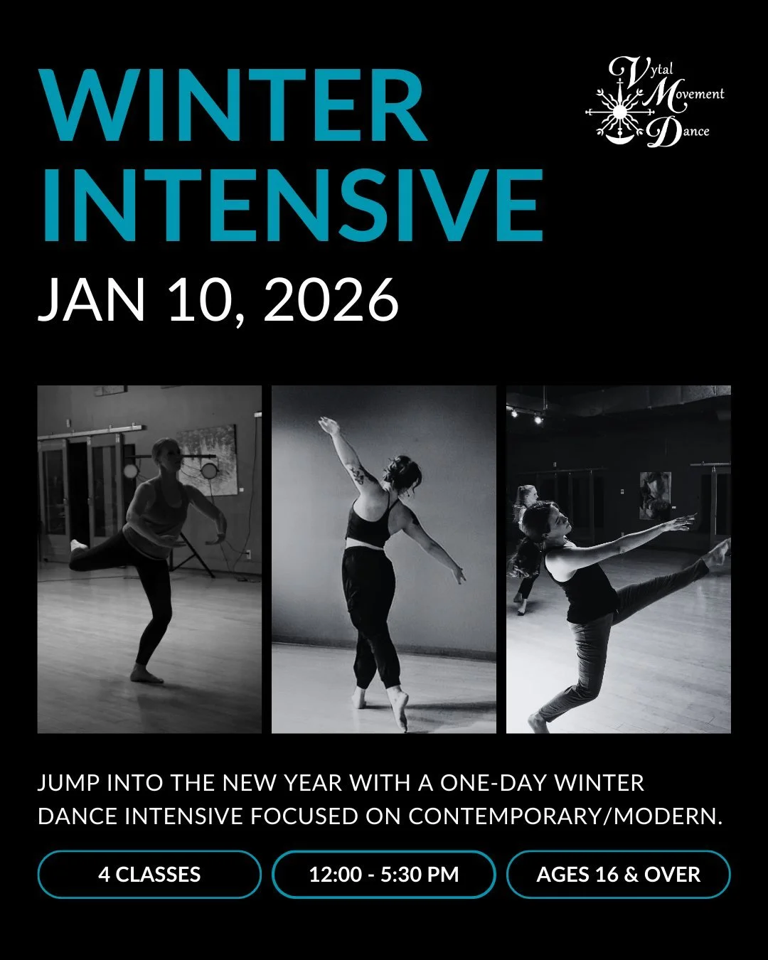 Exciting news! Our very first winter Intensive is coming January 10, 2026.❄️ 
Start your new year strong with a day full of growth, community, and dance!

What to expect:
👯&zwj;♀️ Four classes focused in Contemporary, Modern, and Jazz
🕐 Early-bird 