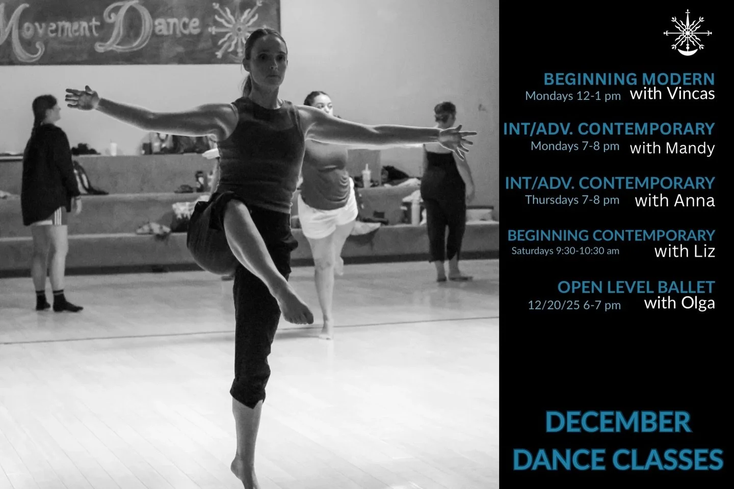 Last chance to take Dance classes in DECEMBER❄️ Join us for classes ranging from beginning contemporary to open level ballet technique. This is the last week of classes before the company will be taking a holiday break 🎄 We will see you all back in 