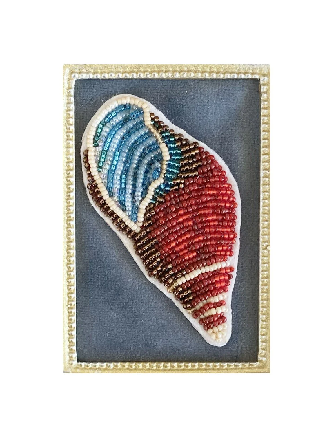 "Red Shell" 
Glass seed beads on felt and velvet, 2024