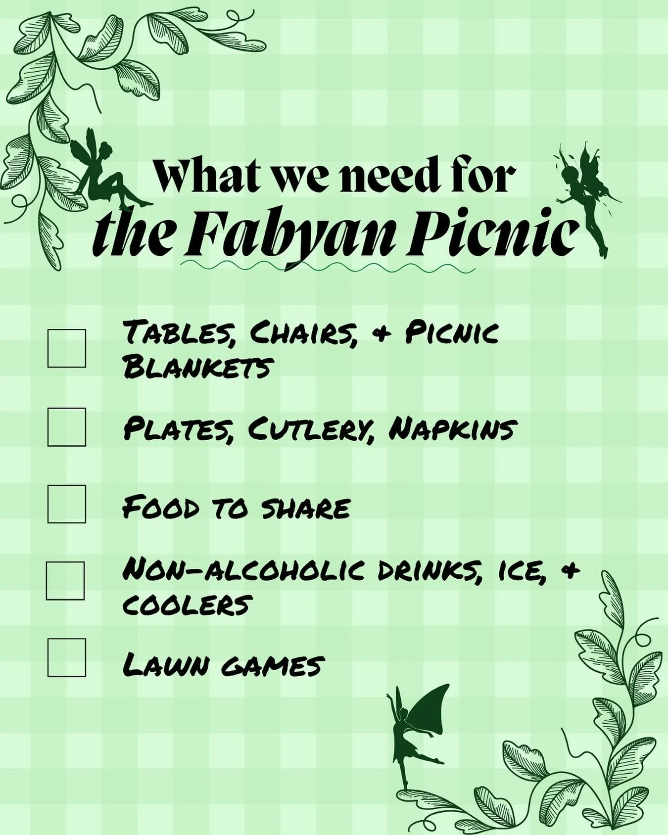 🧺 Part of what&rsquo;s made past picnics work is that the whole community contributes and makes the day special. 

🧚🏾 Here&rsquo;s a list of that we need for the upcoming Fabyan Enchanted Picnic Meetup&mdash;please consider bringing something to s