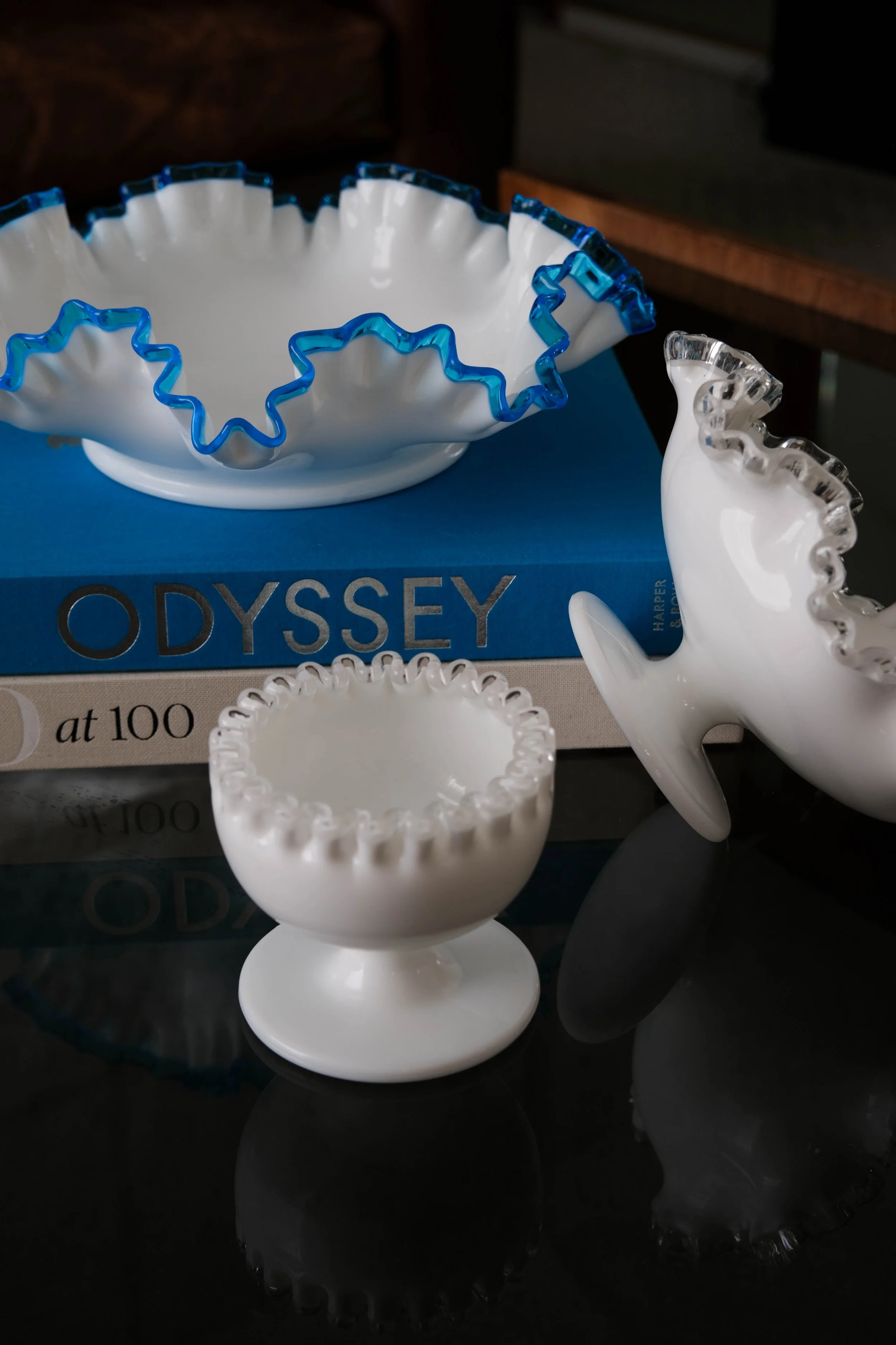 50s Rare Fenton Ruffled Milk Glass Trio of Bowls