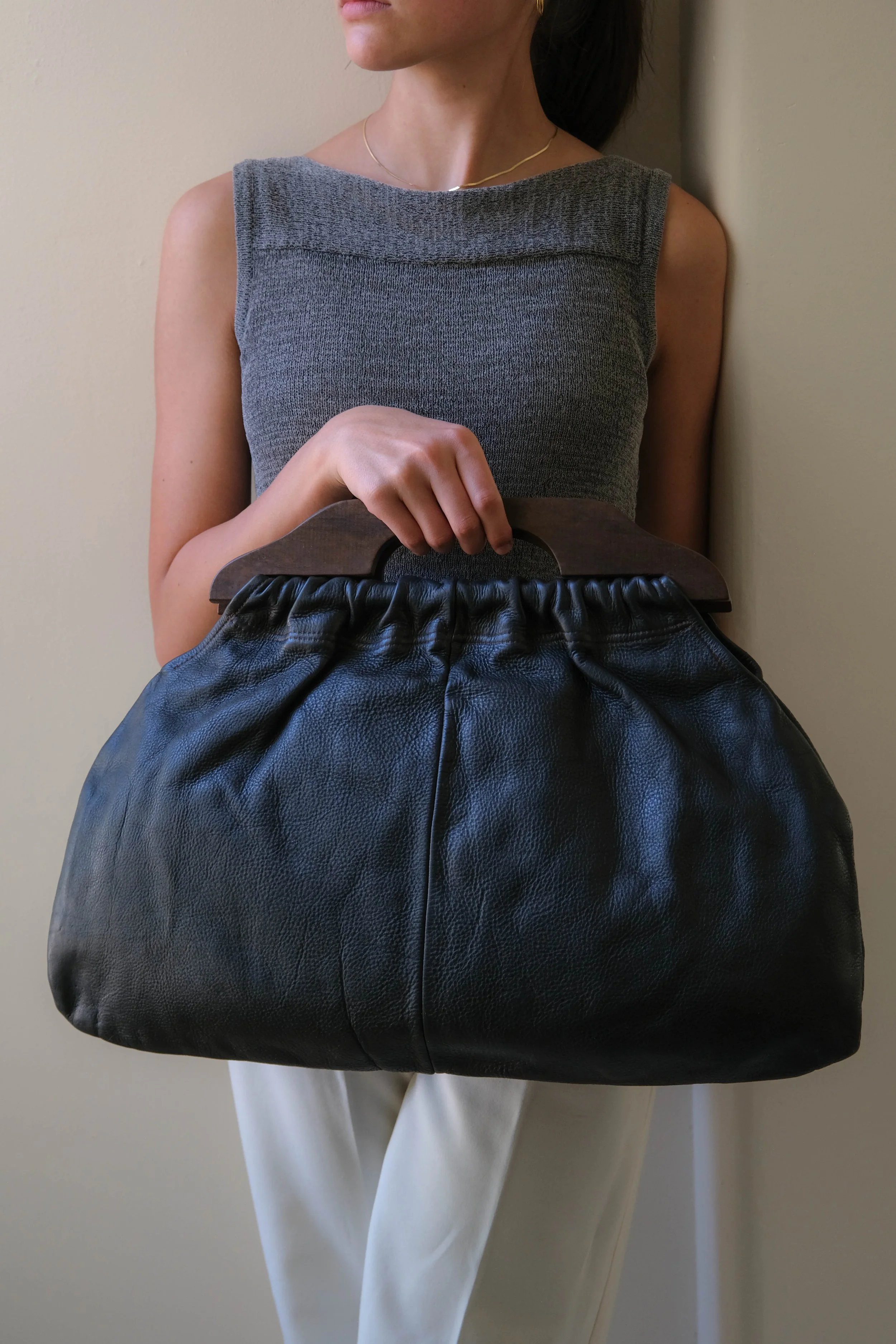 Oversized Pebbled Leather & Wooden Handbag