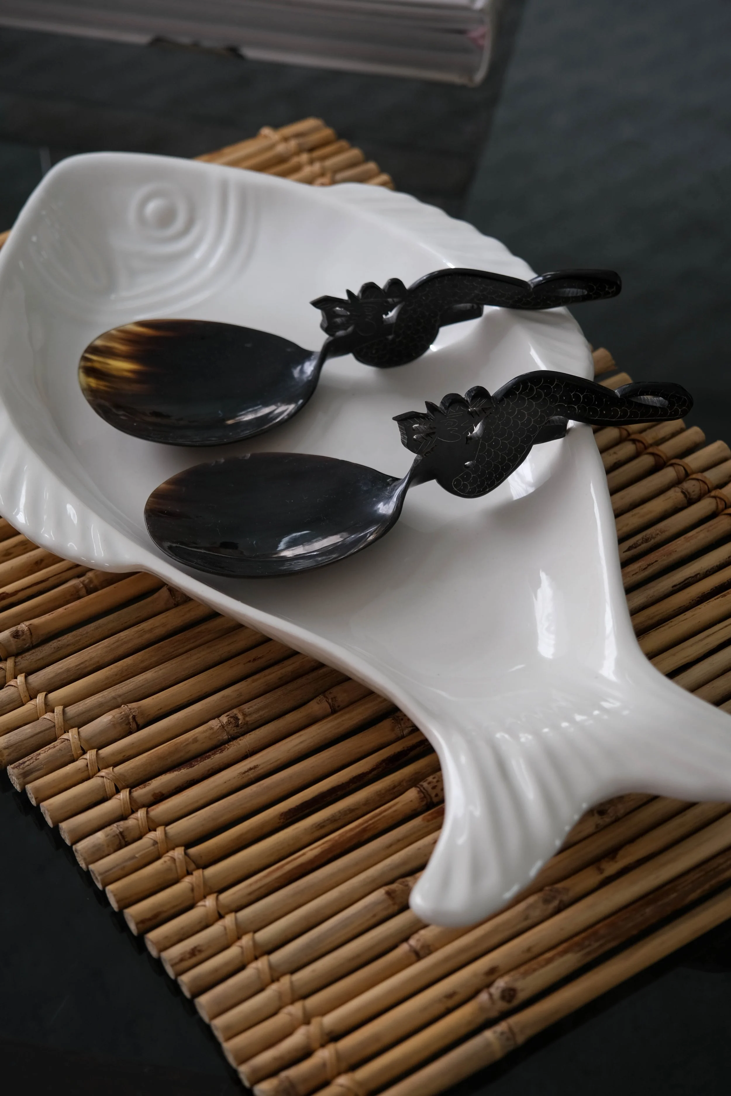 Antique Indonesian Buffalo Horn Hand Carved Dragon Salad Spoons