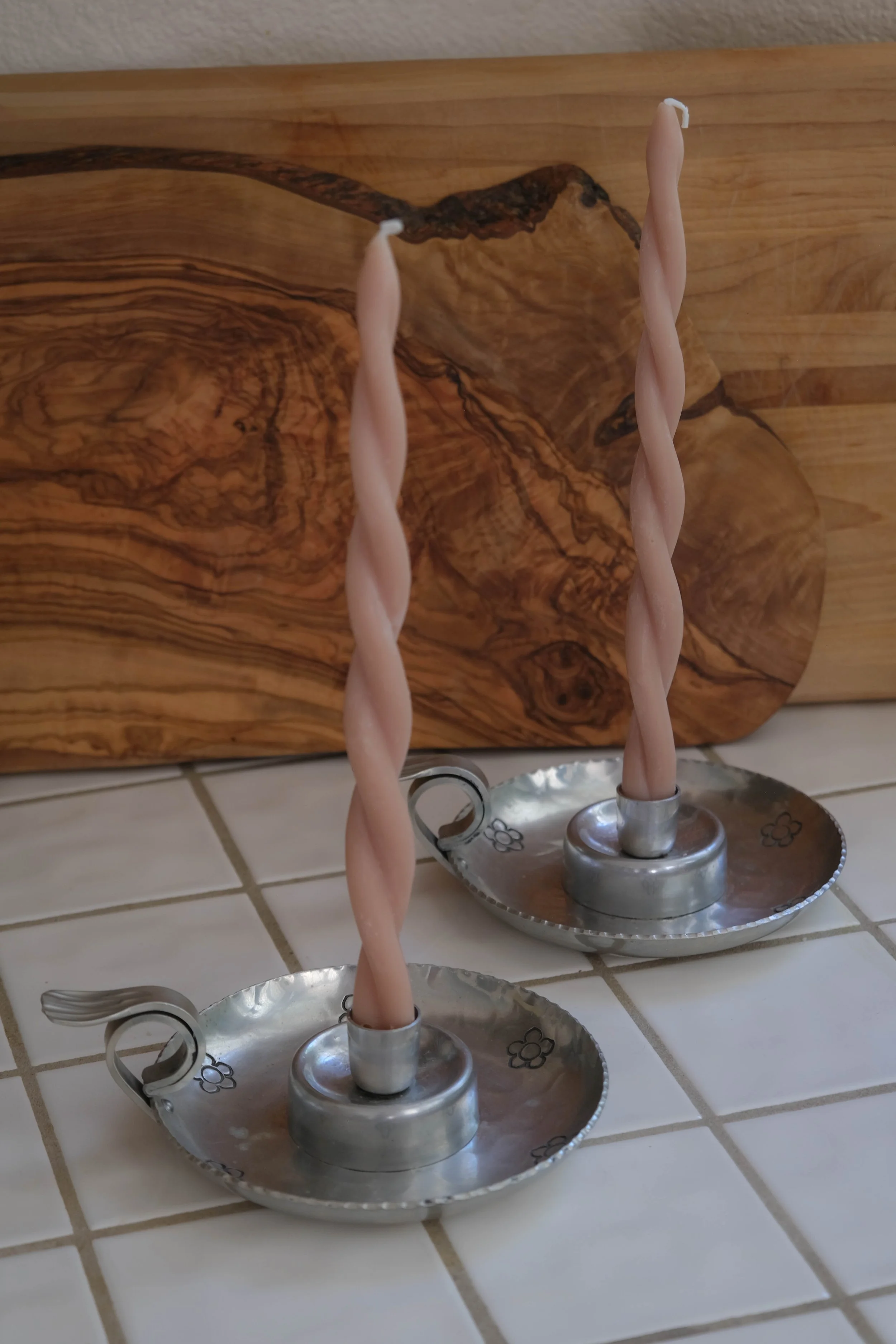 40s Buenilum Floral Hand-Hammered Aluminum Candlestick Pair