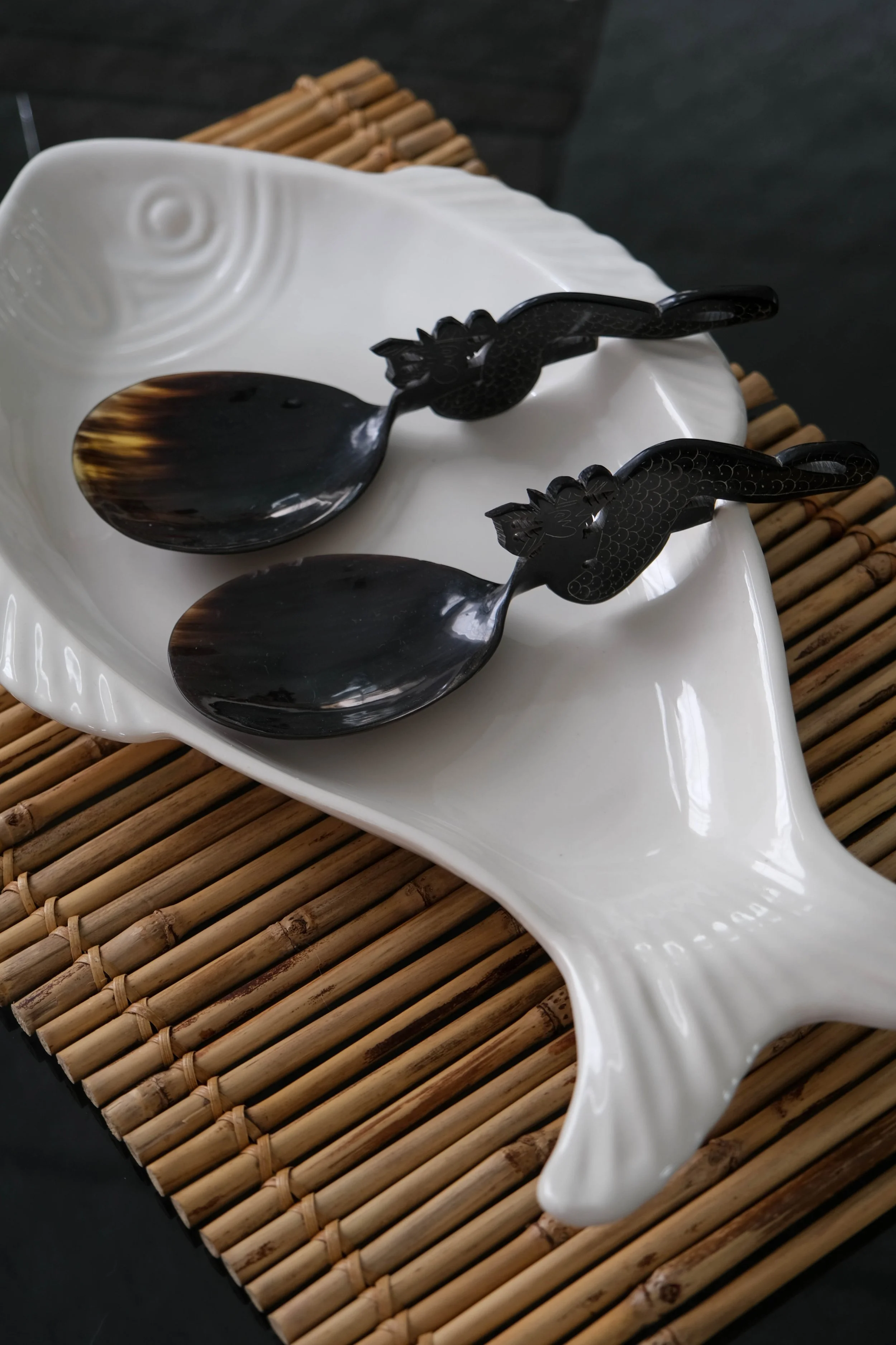 Antique Indonesian Buffalo Horn Hand Carved Dragon Salad Spoons