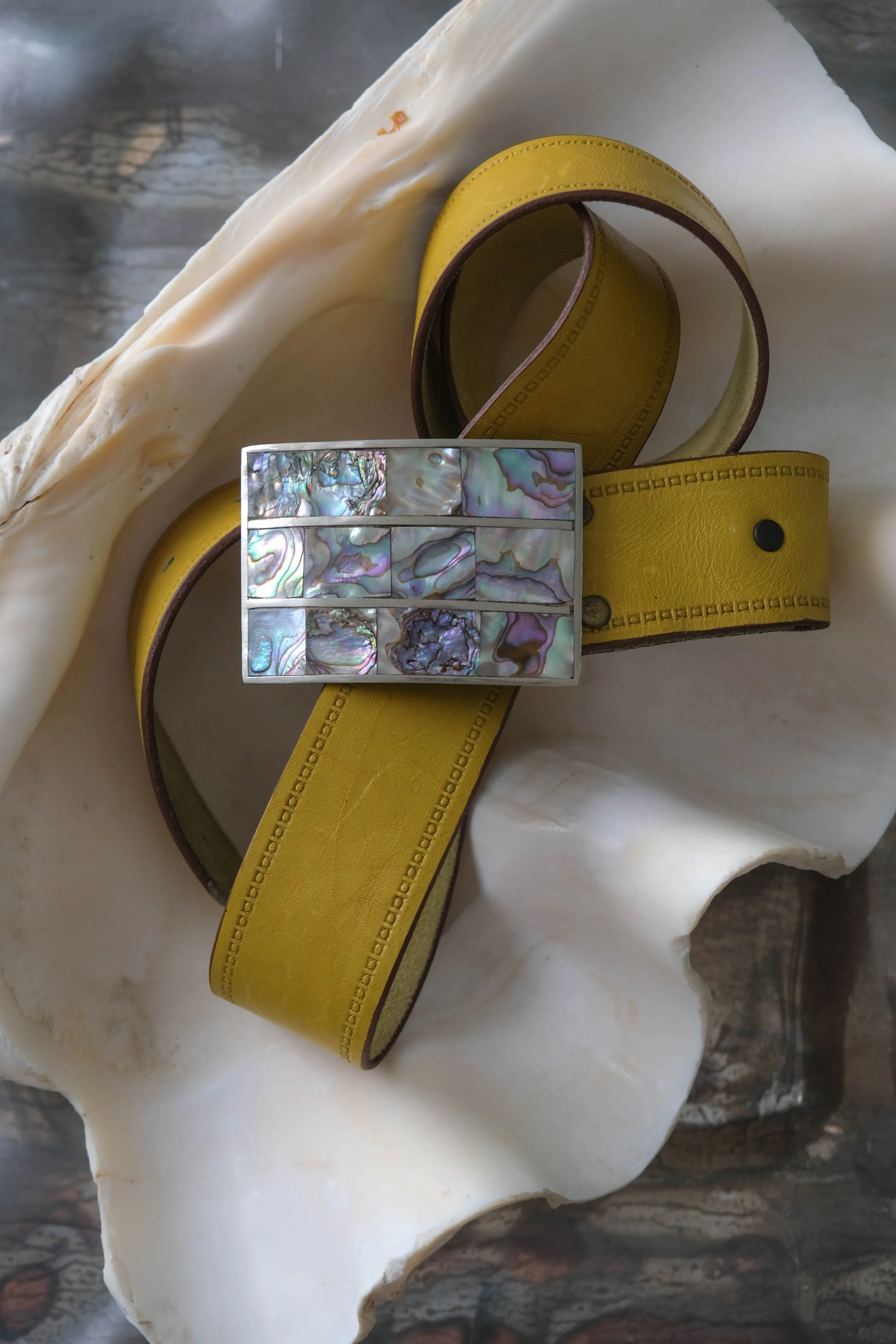 Abalone Shell Inlay Buckle & Leather Belt
