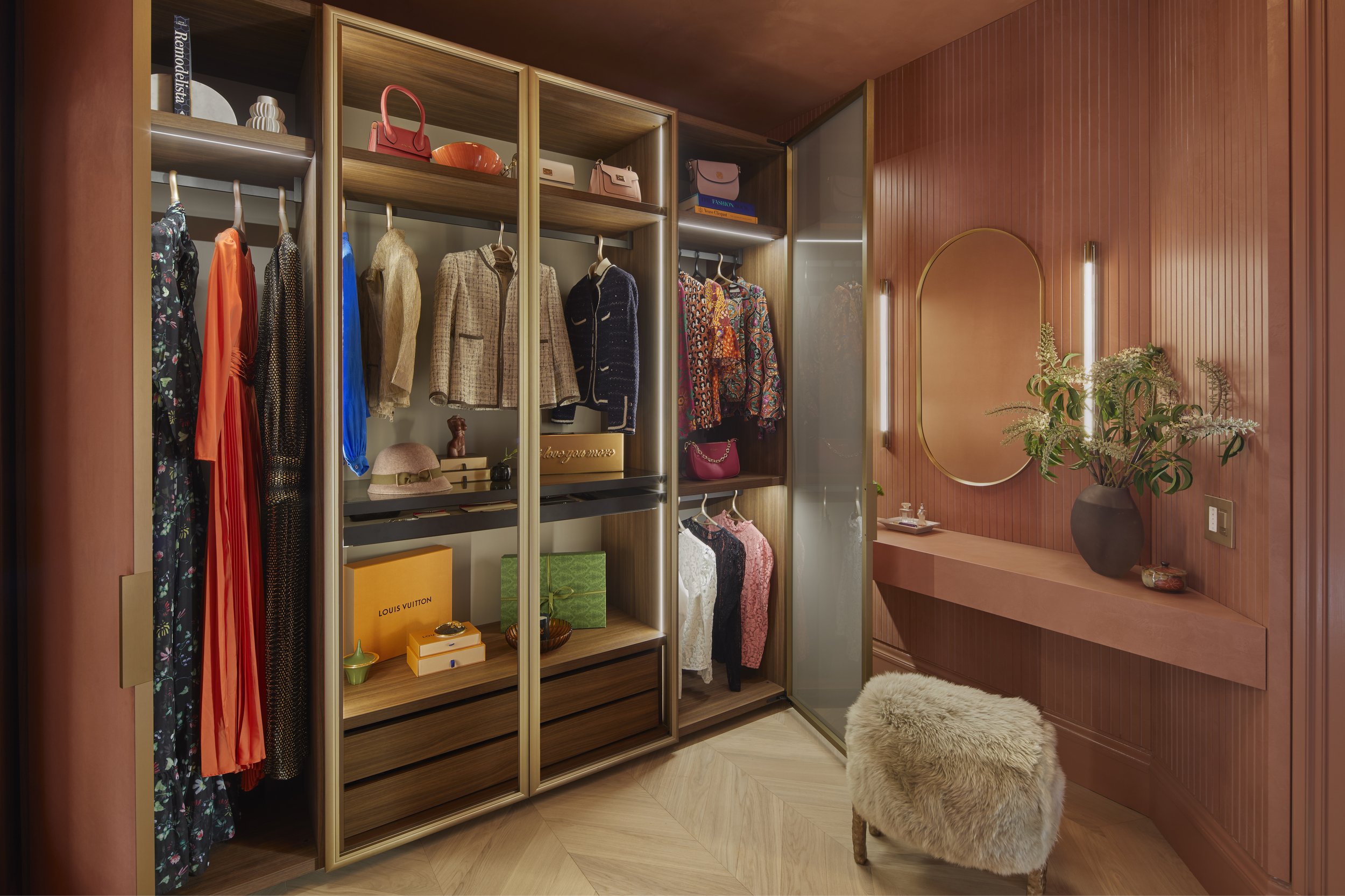 Her Closet" by SCIC San Francisco and Lexie Saine Design — 2024 San Francisco Decorator Showcase, featuring Italian Alcantara glass doors and walnut Tecno cabinetry