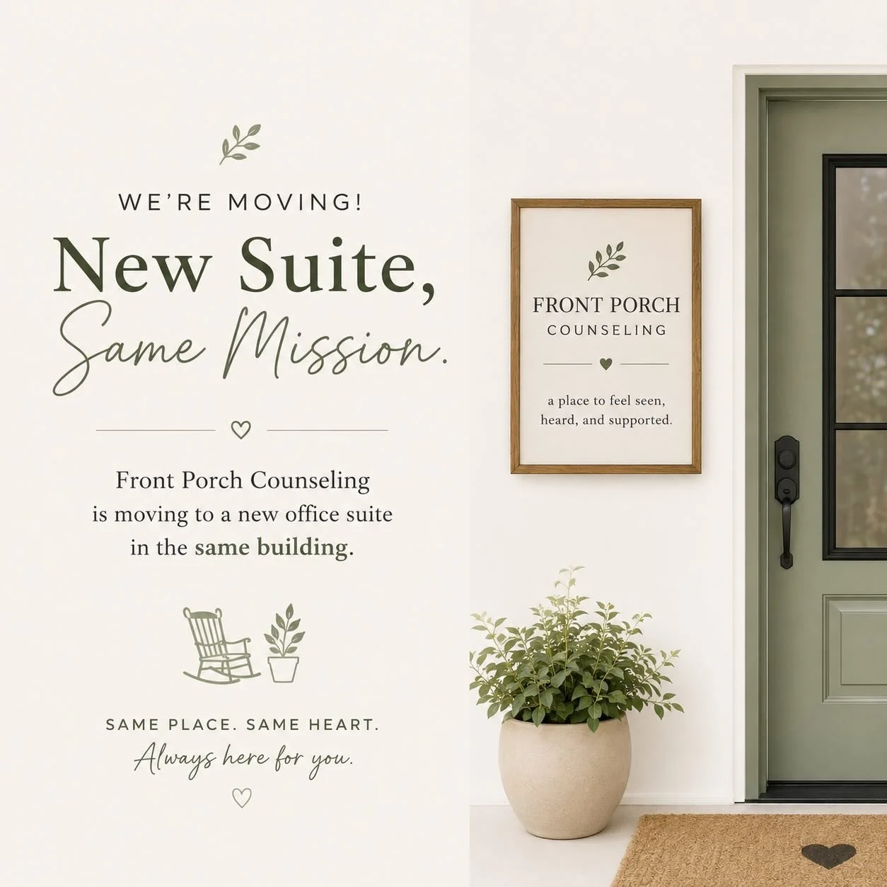 One more change! 

Front Porch Counseling (formerly Lindsey Simon Counseling) has officially moved to a new office suite but still in the same building!

I&rsquo;m excited for a little more space while keeping the same warm, familiar environment you&