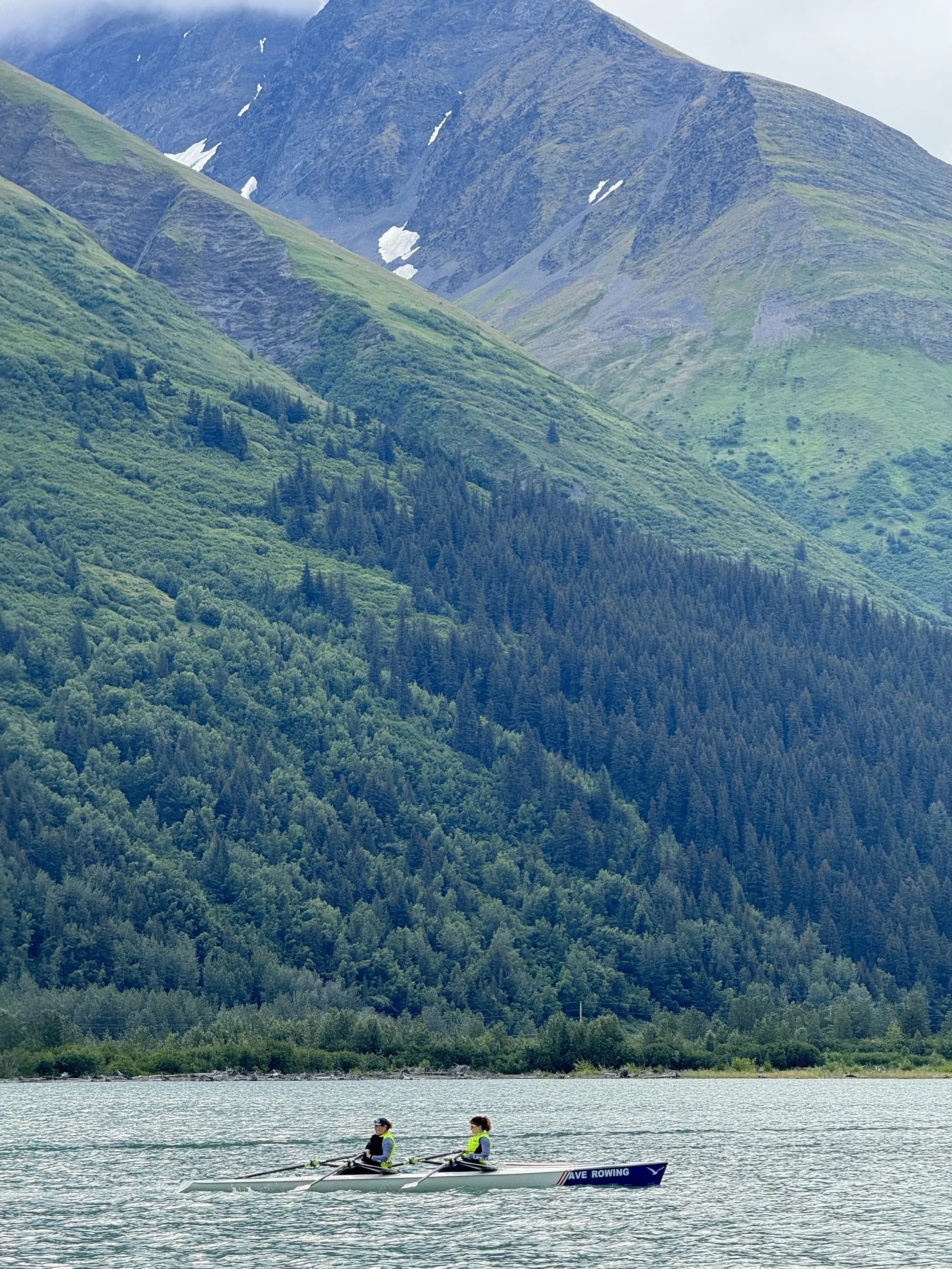 Rowers in a double on glacial lake in Alaska. Rowing Trip, Rowing Vacation, Best Rowing Experience, Rowing Camps, Row Alaska