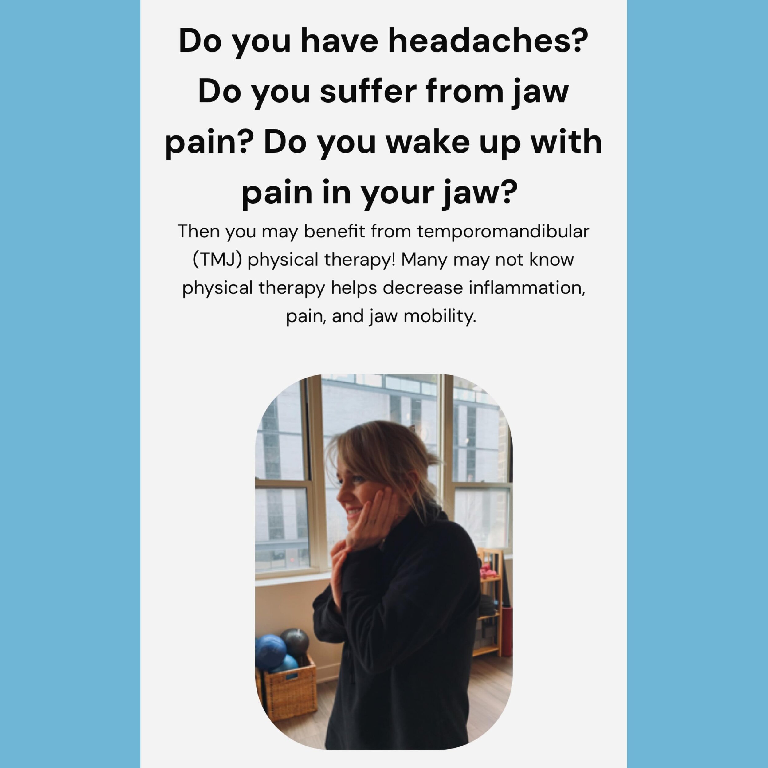 Come see us if you have jaw pain #tmj 

#physicaltherapy #pt #rivernorth #chicago