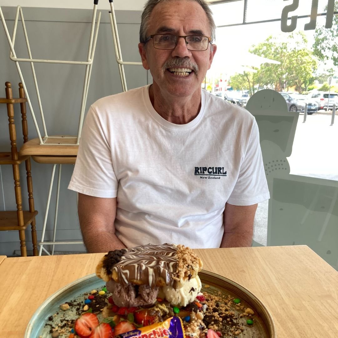 It wouldn't be a breakfast at XS Espresso without a decadent dessert! Peter is chuffed to be enjoying his sweet stack of waffles at XS Espresso in Glendale! 😉 What's your go-to sweet treat? 🥳