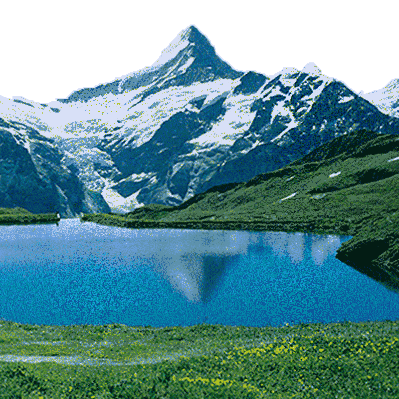 Snow-capped mountain with a glacier, green hills, and a calm blue lake in the foreground.