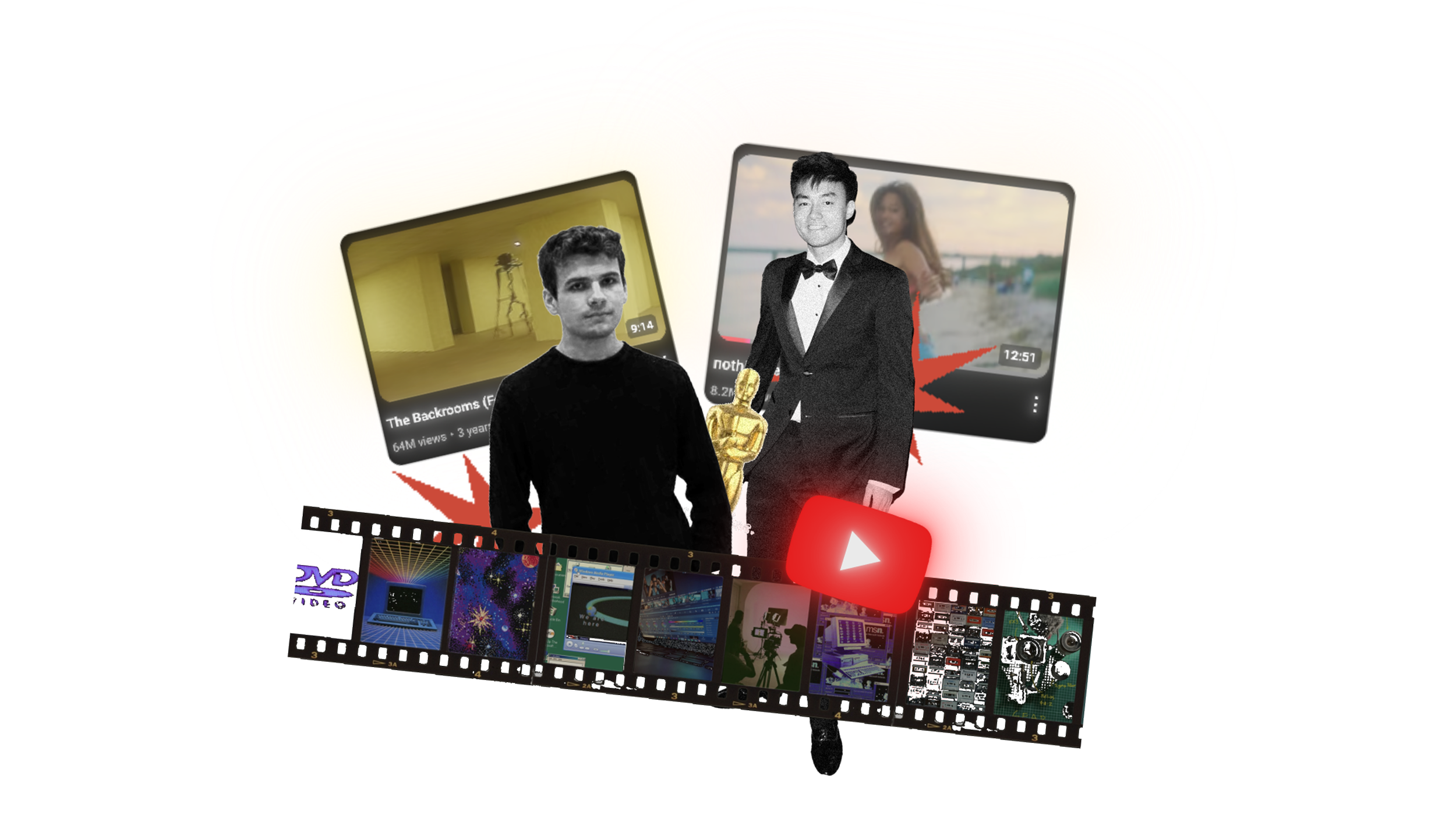A collage featuring Wesley Wang and Kane Pixels, one in a black shirt and the other in a tuxedo, with a gold trophy, video thumbnails, a YouTube play button, and film strip elements, suggesting themes of video creation and entertainment.