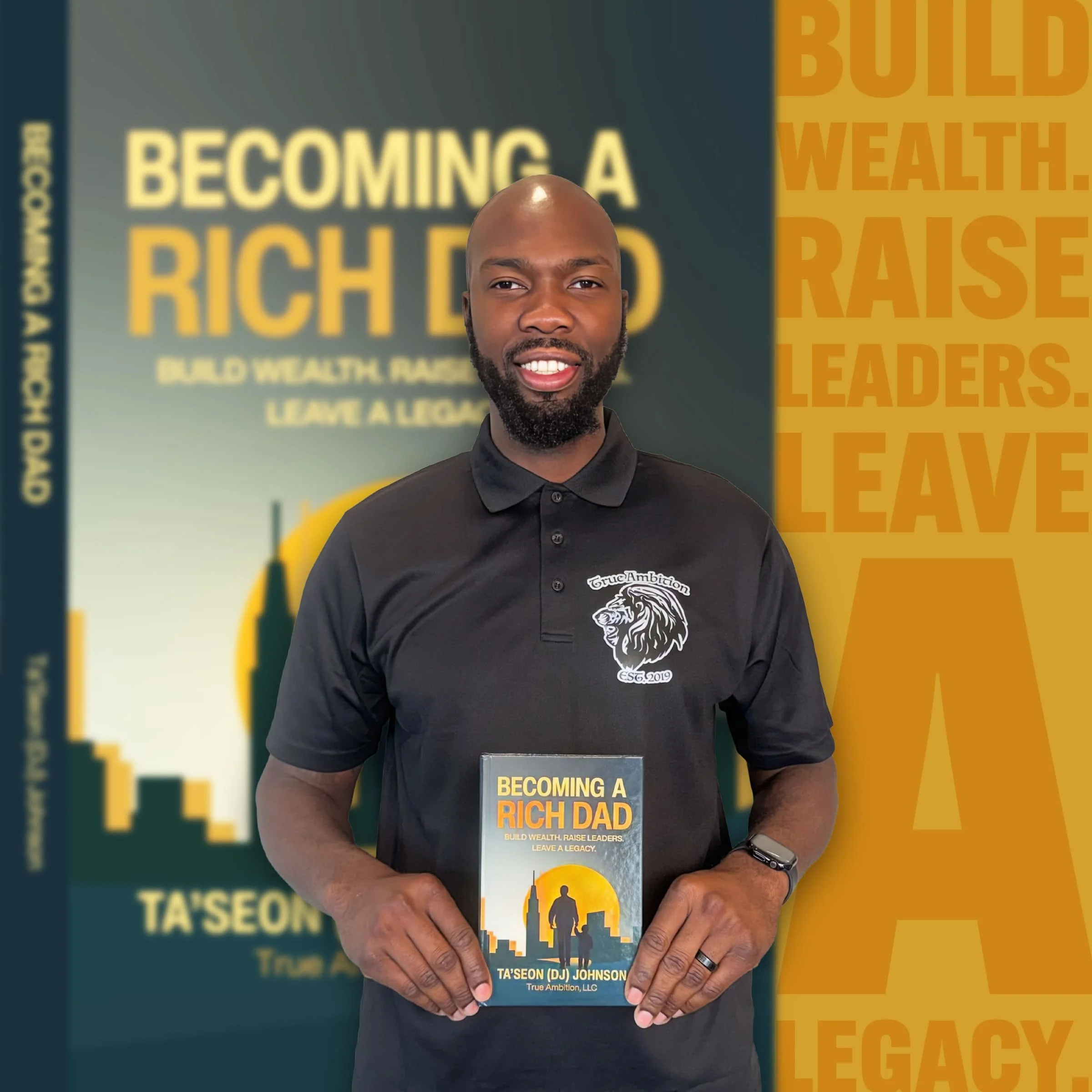 Man holding a book titled 'Becoming a Rich Dad' standing in front of a book display with similar text and graphics.