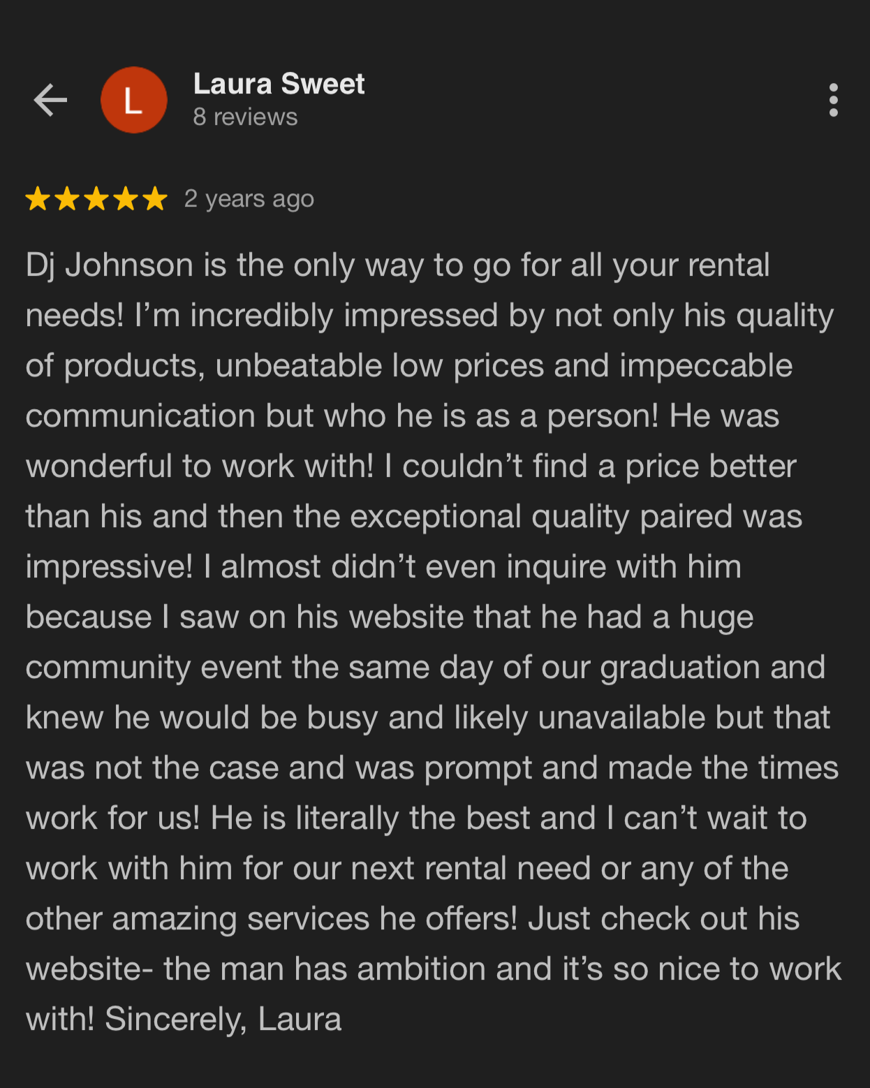 A Google review for DJ Johnson by Laura Sweet, praising his rental services and professionalism.