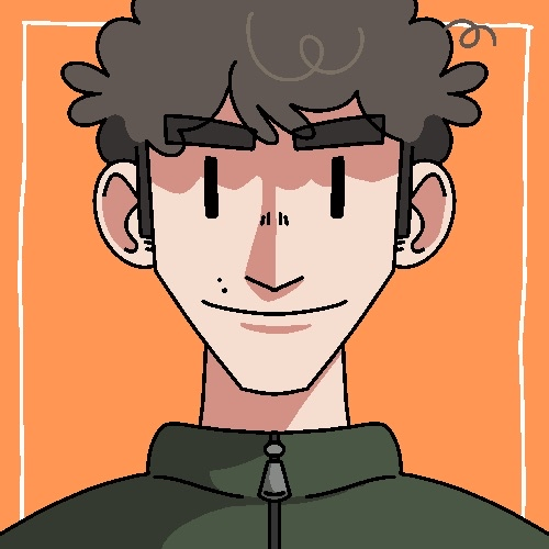 Cartoony image of a smiling man with brown curly hair, it has a light orange background