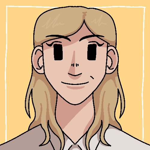 Cartoony image of a smiling woman with long blonde hair, it has a light yellowbackground