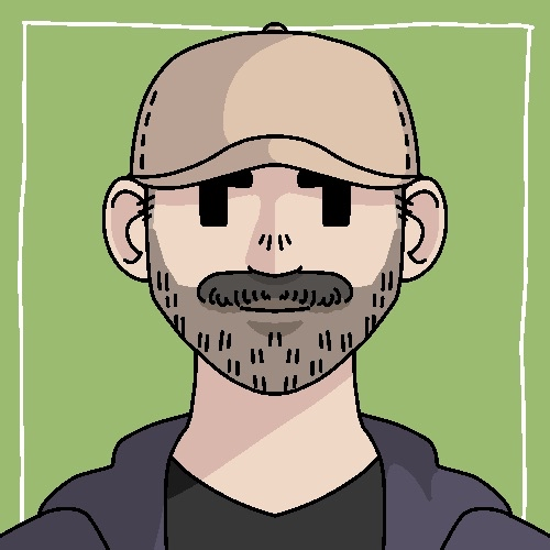 Cartoony image of a serious man with a cap and beard, it has a light green background