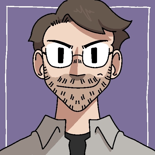 Cartoony image of a smiling man with brown hair and beard, it has a light purple background