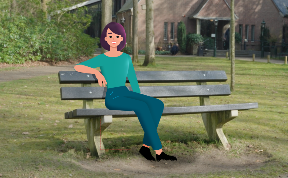 Illustratie van een vrouw zittend op een bank in een park, met bomen en huizen op de achtergrond.