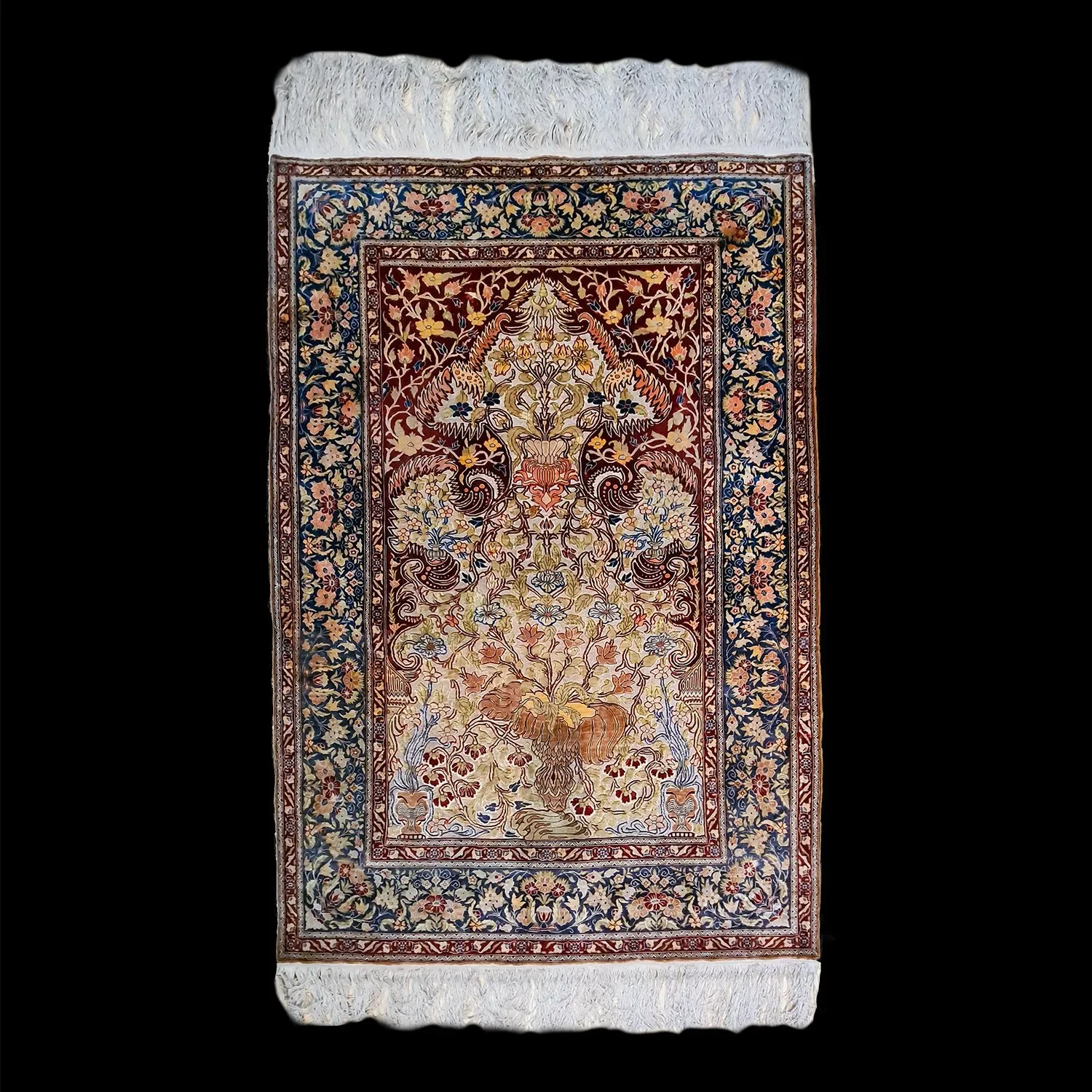 Classic Hereke Silk & Silver Threads Rug 1970s