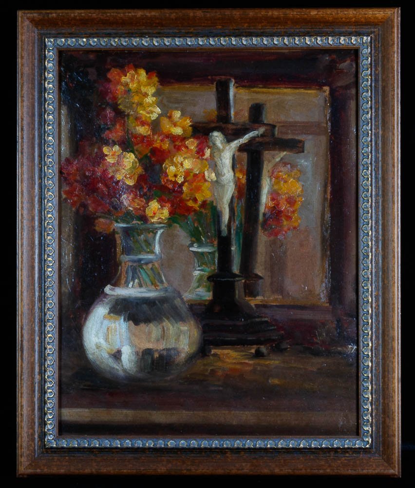 Eugene Cauchois - Still Life with Flowers Crucifix and Mirror image with frame