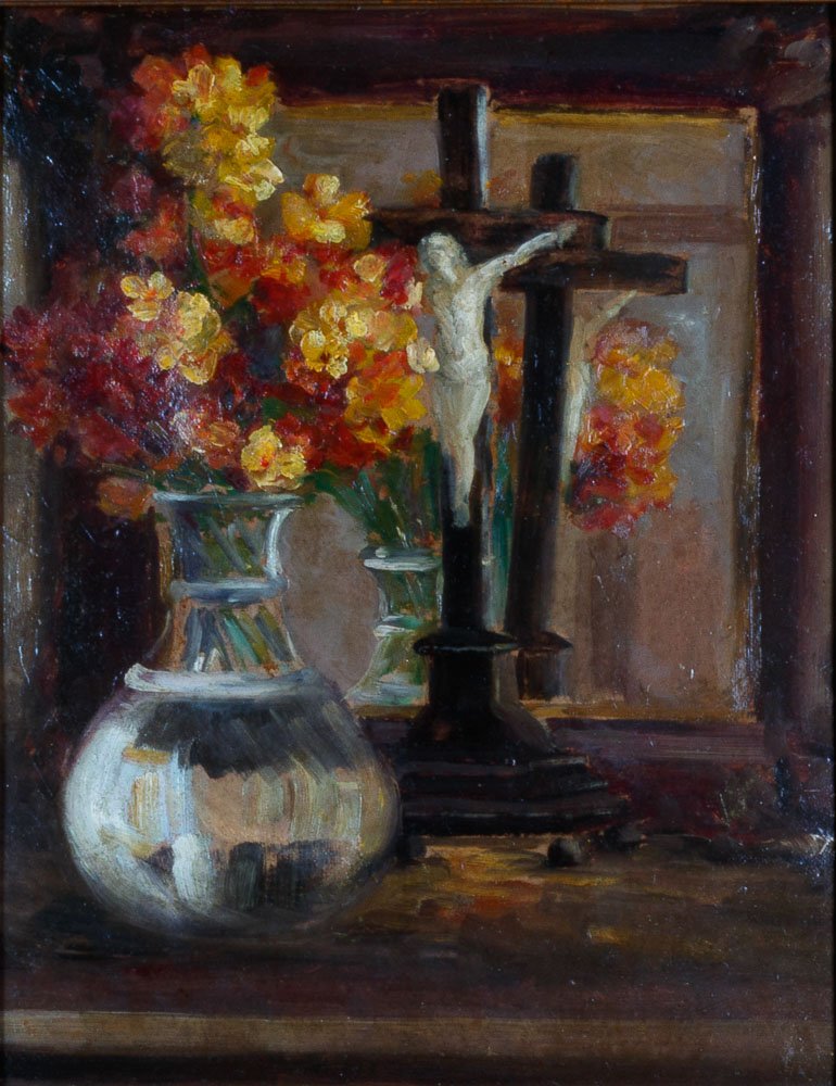 Eugene Cauchois - Still Life with Flowers Crucifix and Mirror image without frame