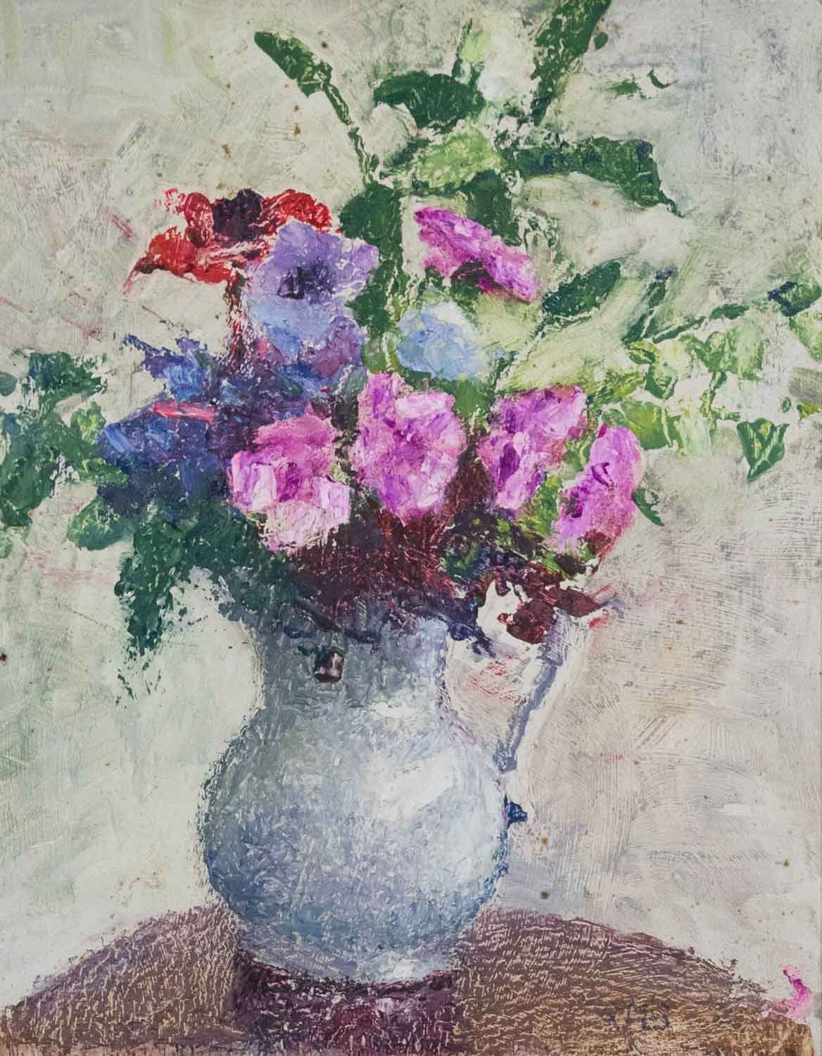 George Manning-Sanders - Flowers in a jug with pinks greens and purples oil on board - Compressed