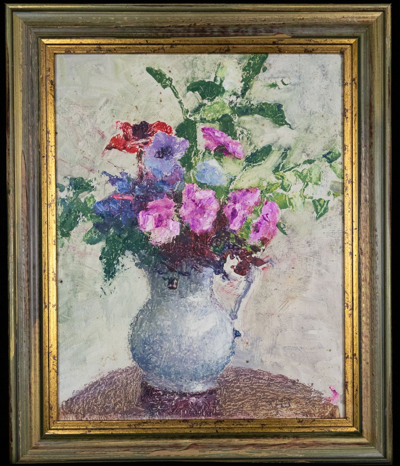 George Manning-Sanders - Full image with frame of pink and purple flowers in a jug oil on board