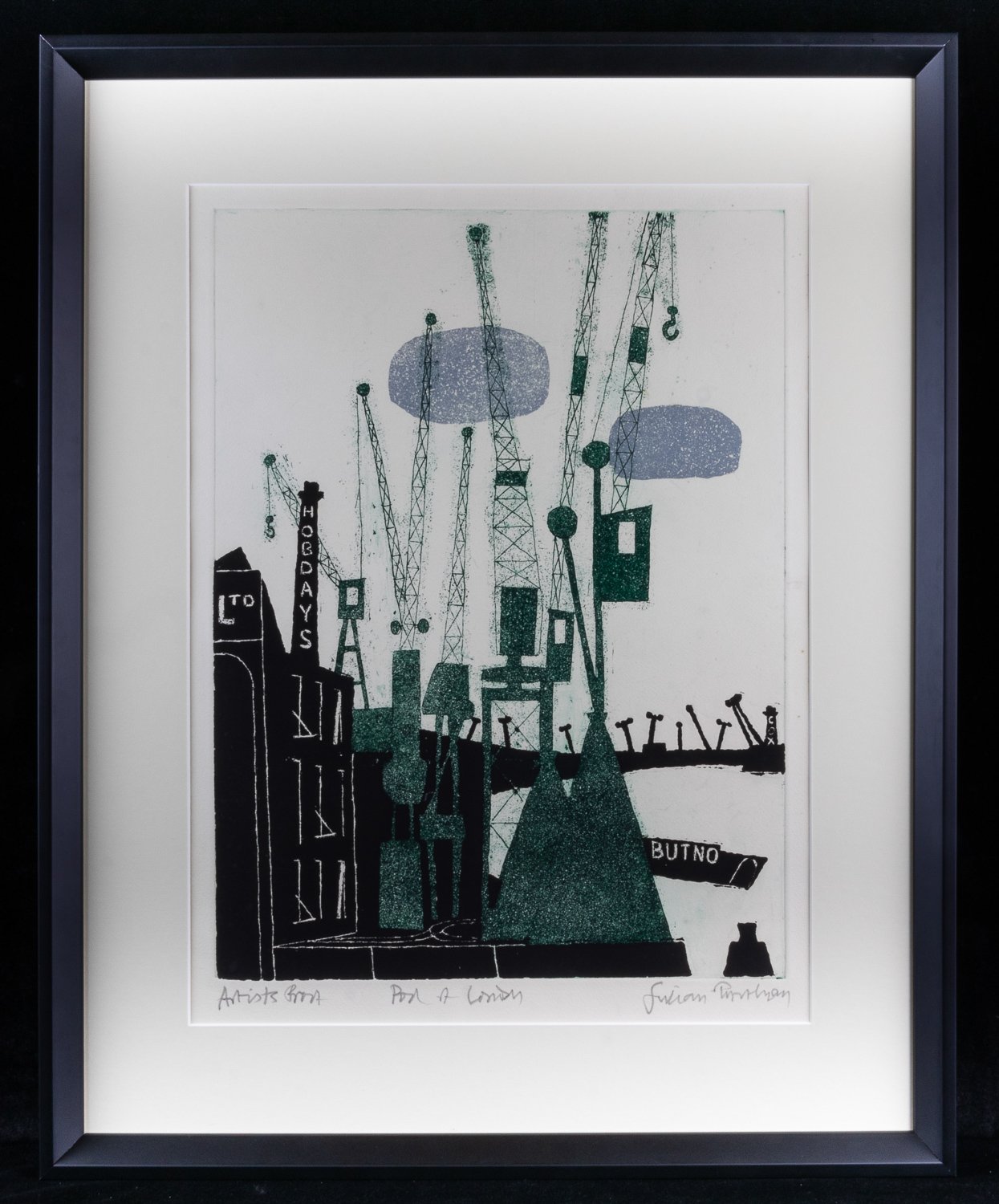 Julian Trevelyan Pool of London Artist Proof in Striking Greens and Black - Full Image with Black Frame