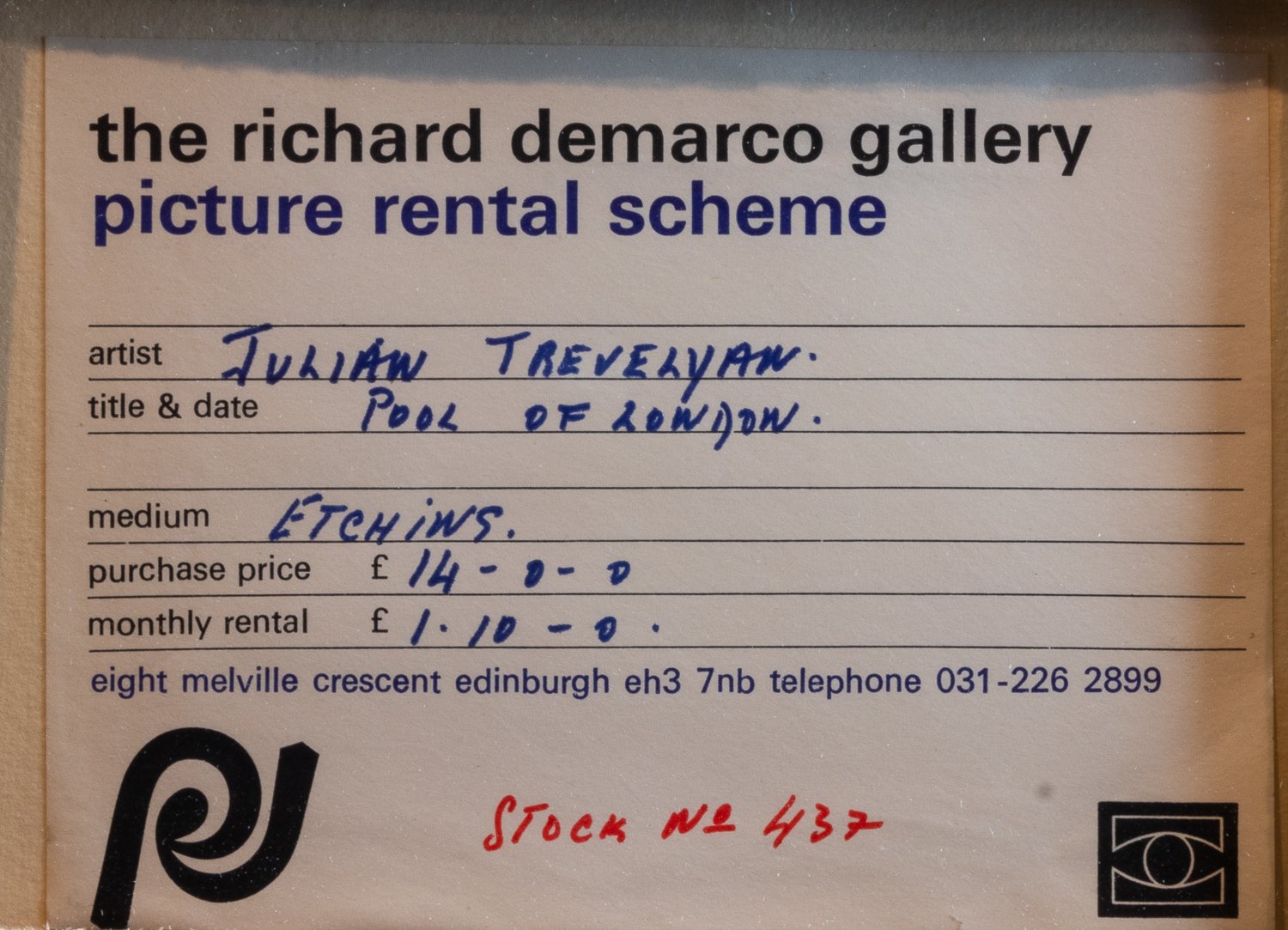 Julian Trevelyan Pool of London Artist Proof - Richard Demarco Gallery Label Verso
