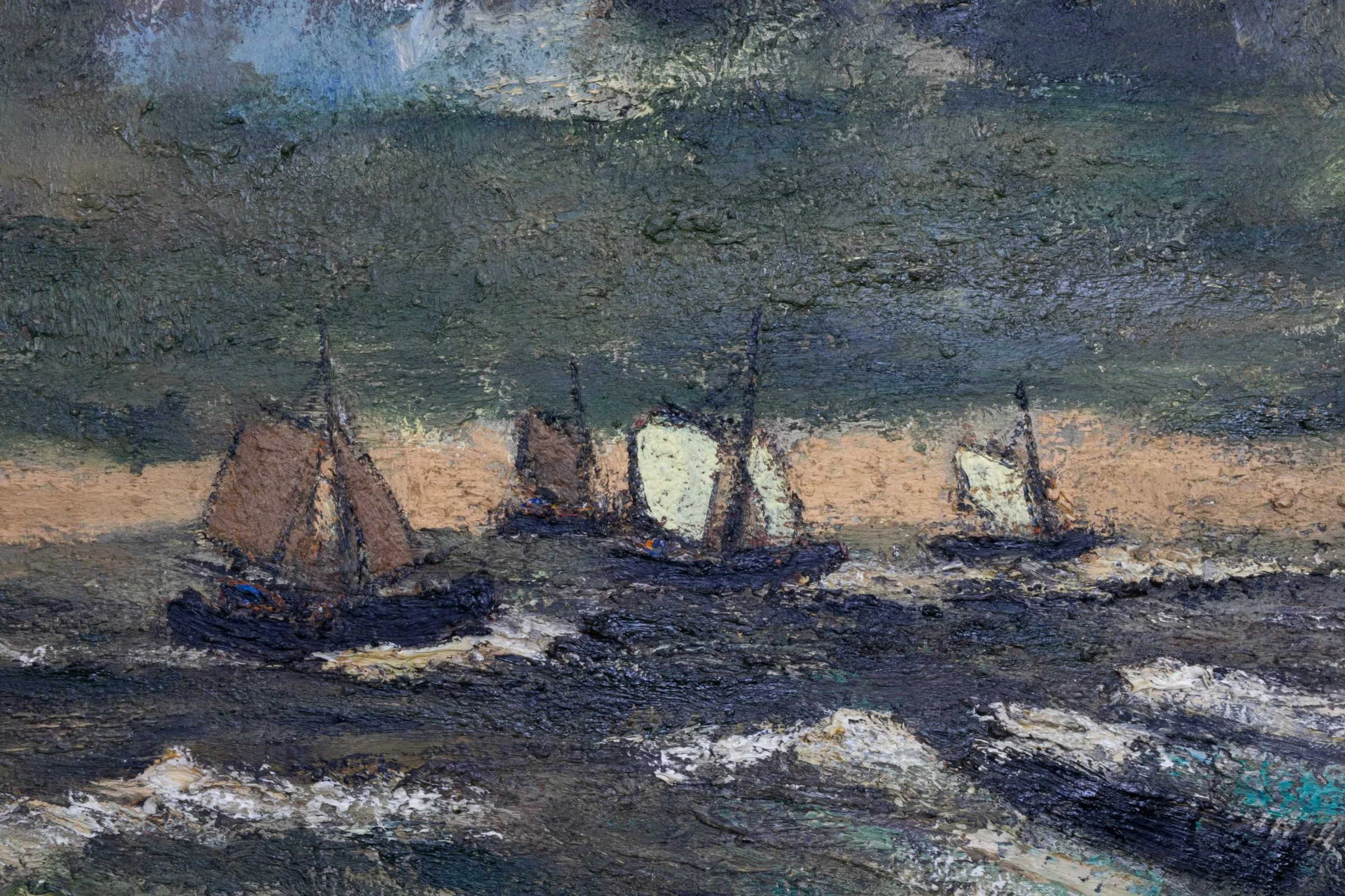 Hubert De Vries - Seascape Oil Painting - Atmospheric seascape showing detail of the boats in a stormy ocean