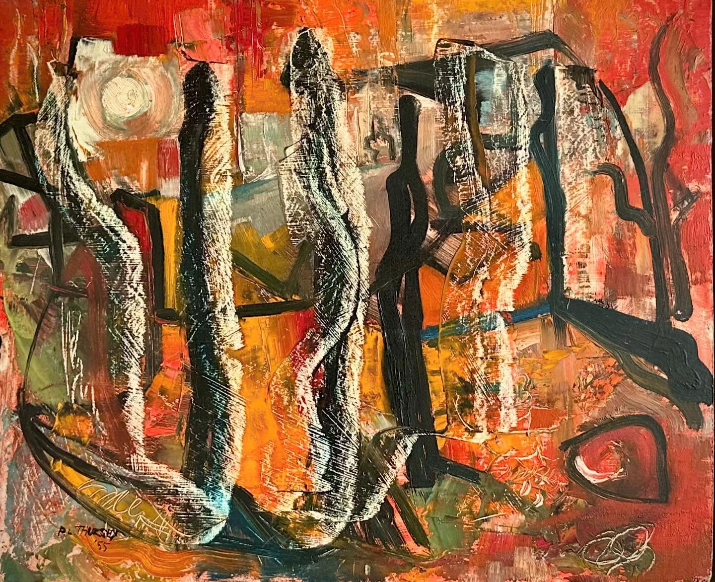 Peter Thursby
1930 - 2011
Sculptor &amp; Painter

This painting is an early Thursby from our private collection and is dated 1955. Titled: Standing Figures - verso &lsquo;Homage to Henry Moore 1955&rsquo;

The following images are from a bronze water