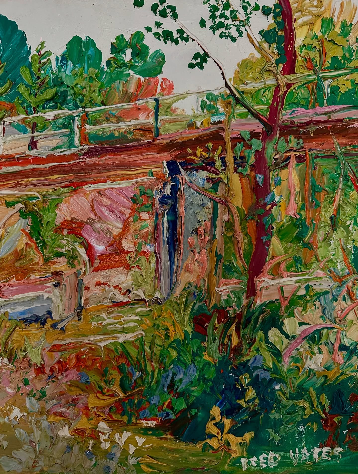 Fred Yates 1922 - 2008

Private Collection

Detail from a French oil painting by Fred, glorious extra thick impasto.

Fresh colours, but here is the question&hellip;
Is the blue central stroke of paint part of the bridge pillar or the outline of figu