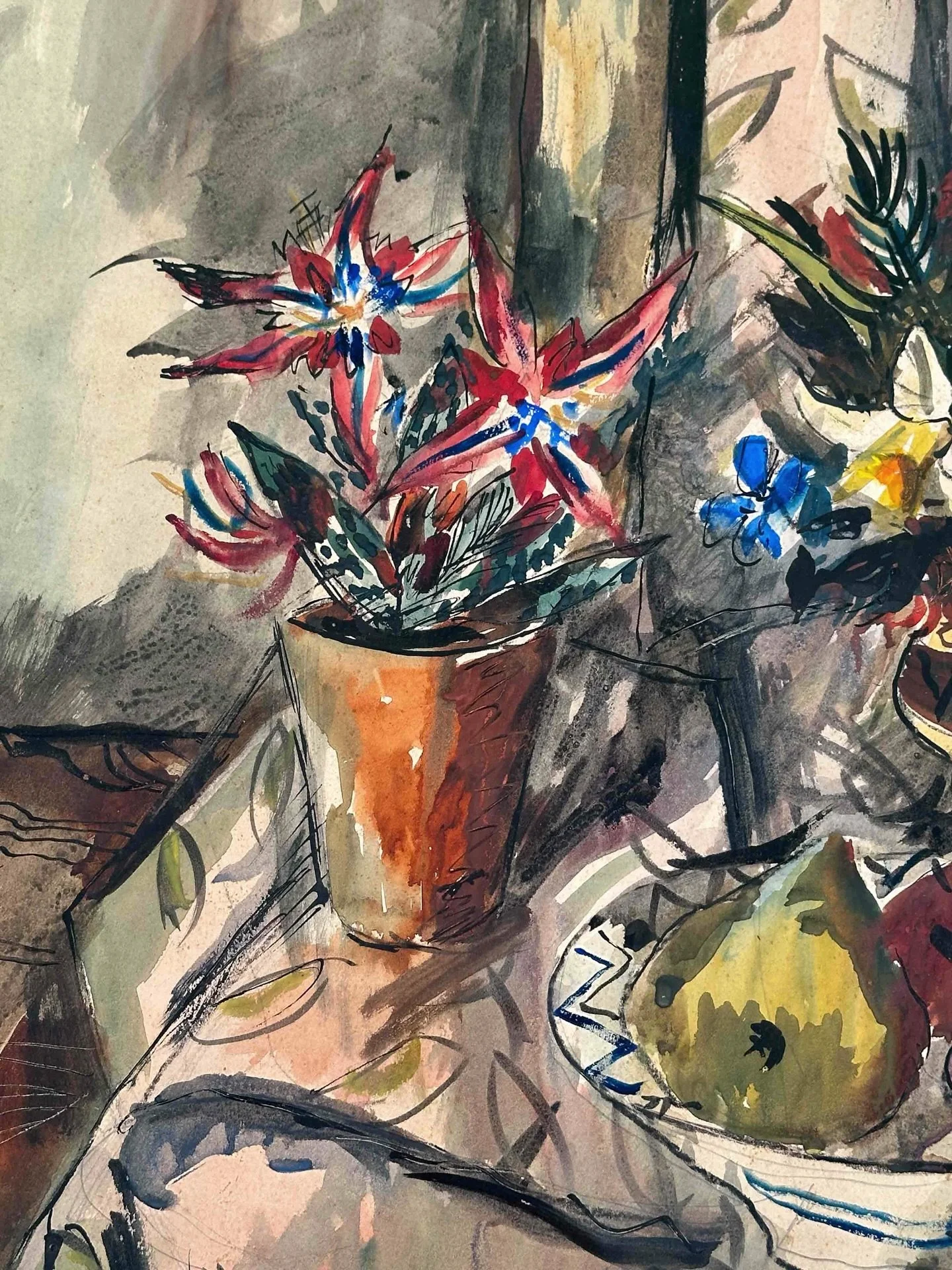 Rowland Suddaby -1912 to 1972

Title: Still Life with Fruit &amp; Flowers

Medium: Gouache

Signed: lower right and dated 53 (1953)

Size: Framed 73cm x 63cm

#rowlandsuddaby #warartists #midcenturyart #rastallart #artcollectorsanddealers