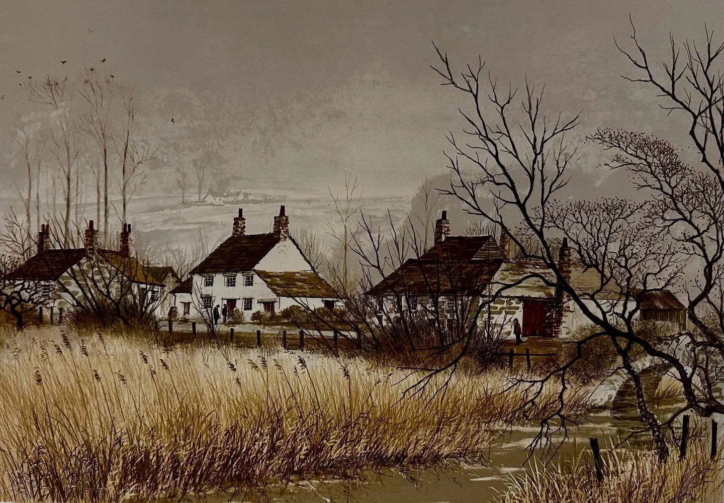This Jeremy King (1933 - 2020) winter village scene has strong if rather cool feel to it. 

The whispering straw coloured reeds and white houses cut through by stark black willows. 

A lovely Artist Proof, signed in pencil and dedicated &lsquo;to Roy
