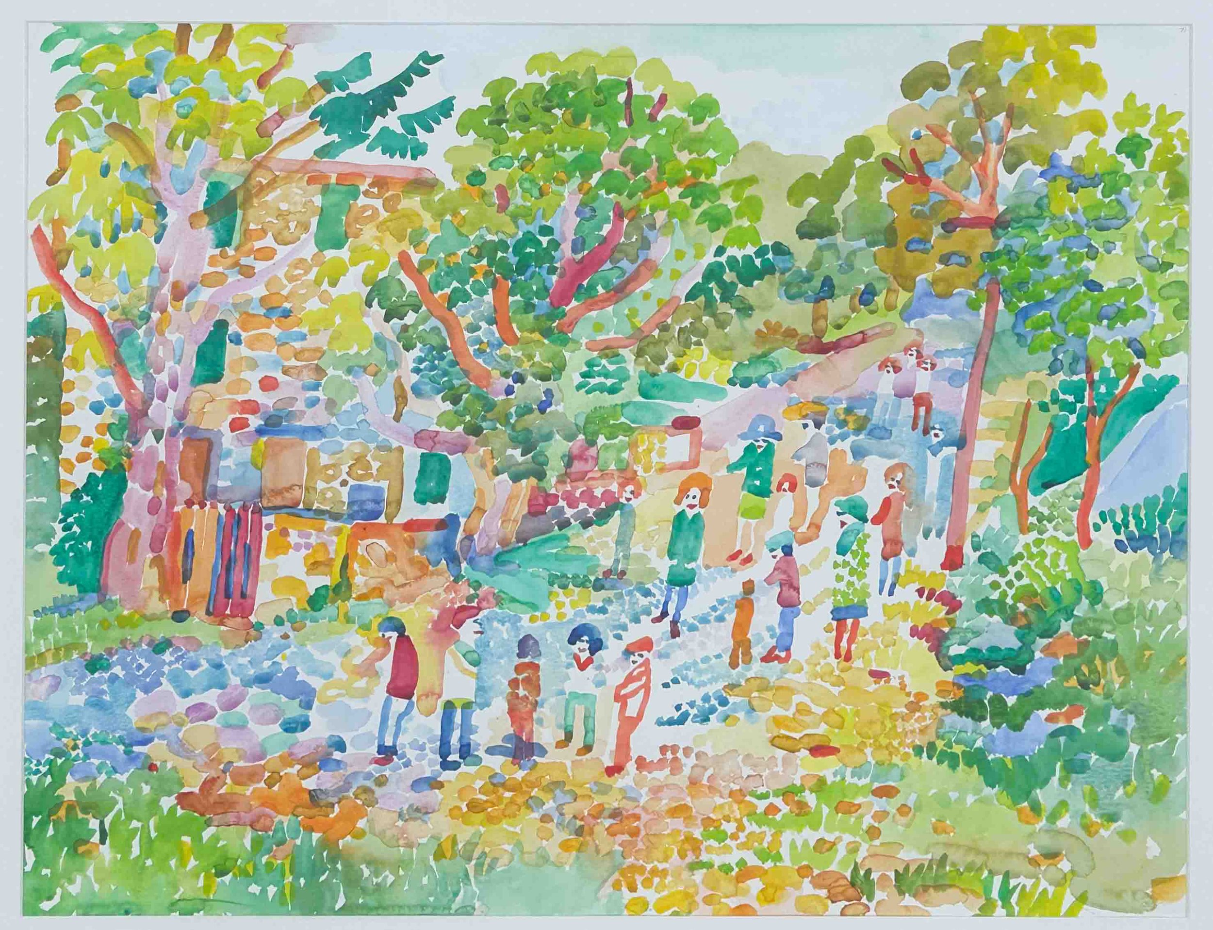Fred Yates Watercolour for Sale - Going for a Walk with colourful people from his period in France