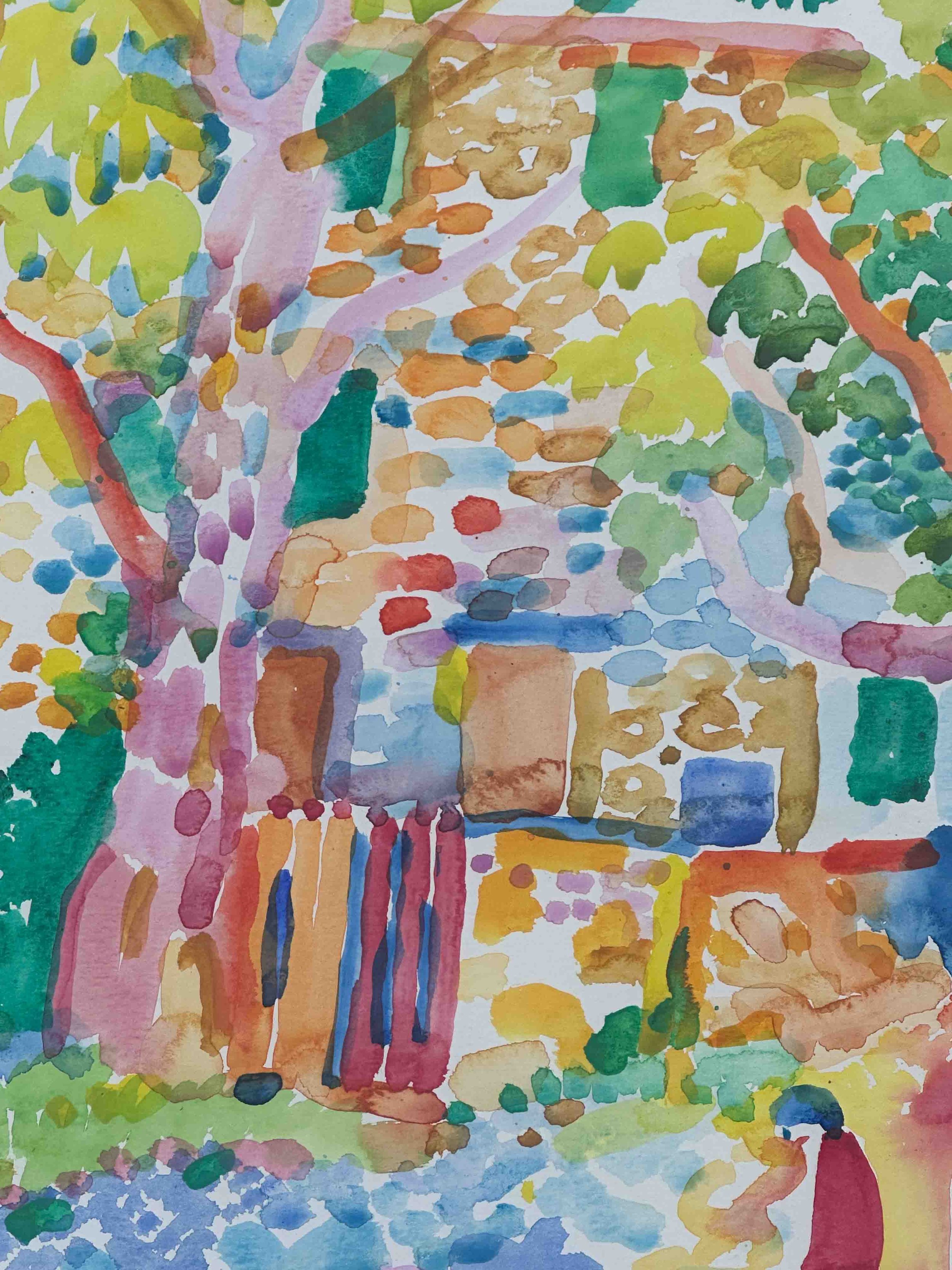 Fred Yates watercolour painting for sale - house and people detail going for a walk