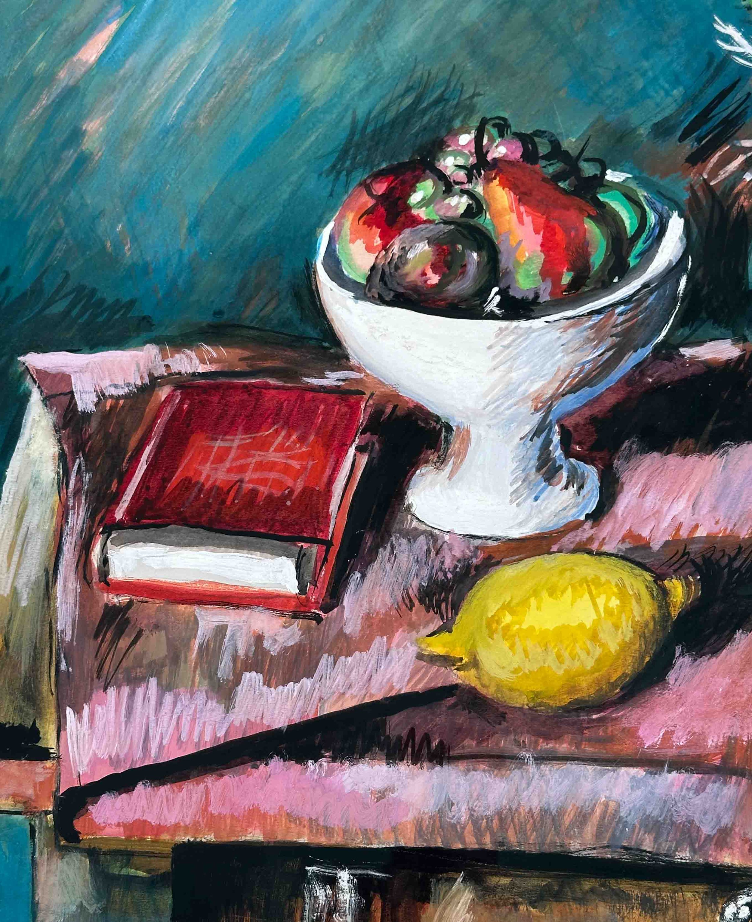 Rowland Suddaby Artist - Still Life painting of asters in a blue striped jug - fruit bowl and book detail
