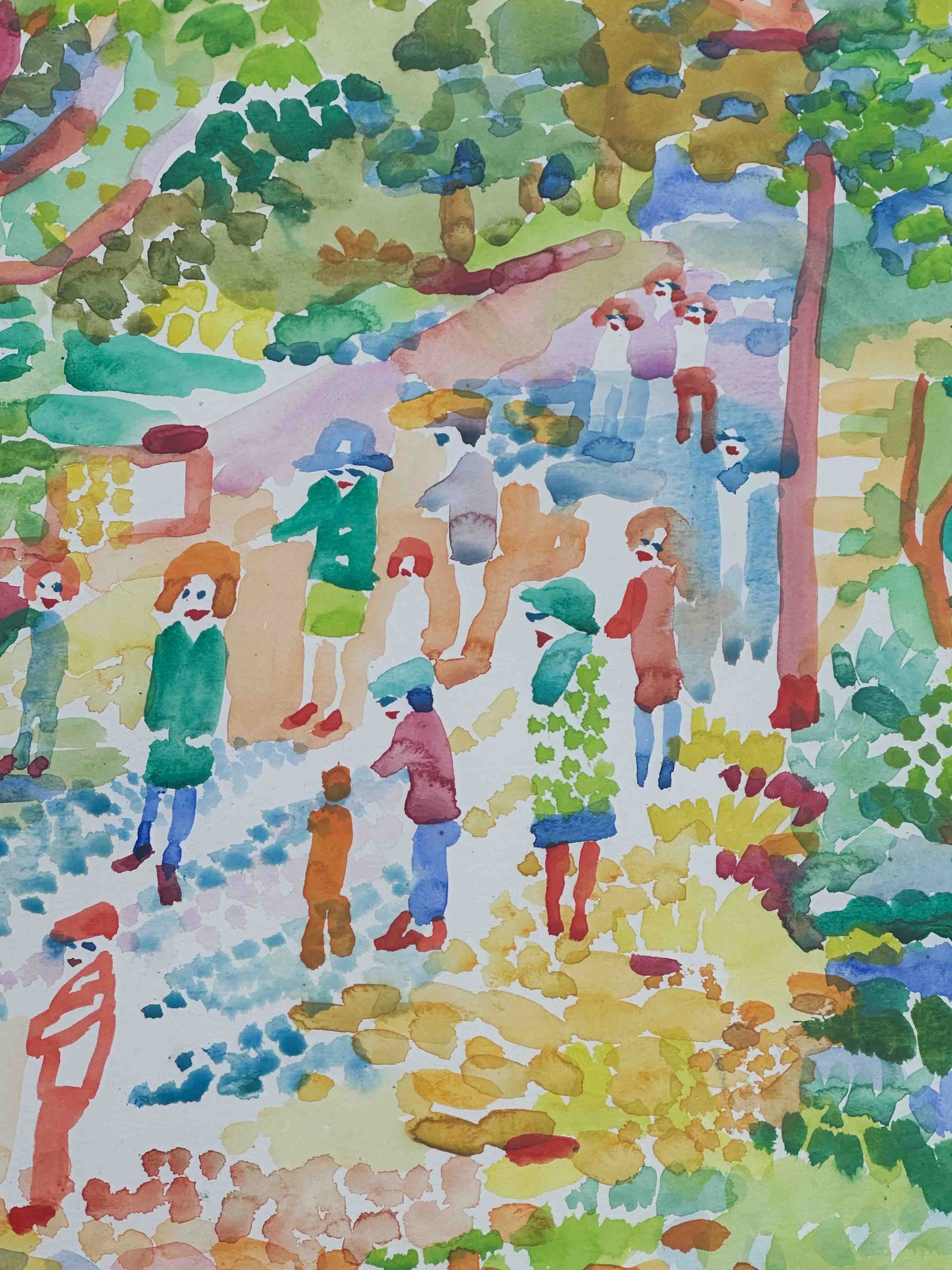 Fred Yates Watercolour painting for sale - Going for a walk (France) - image of people detail