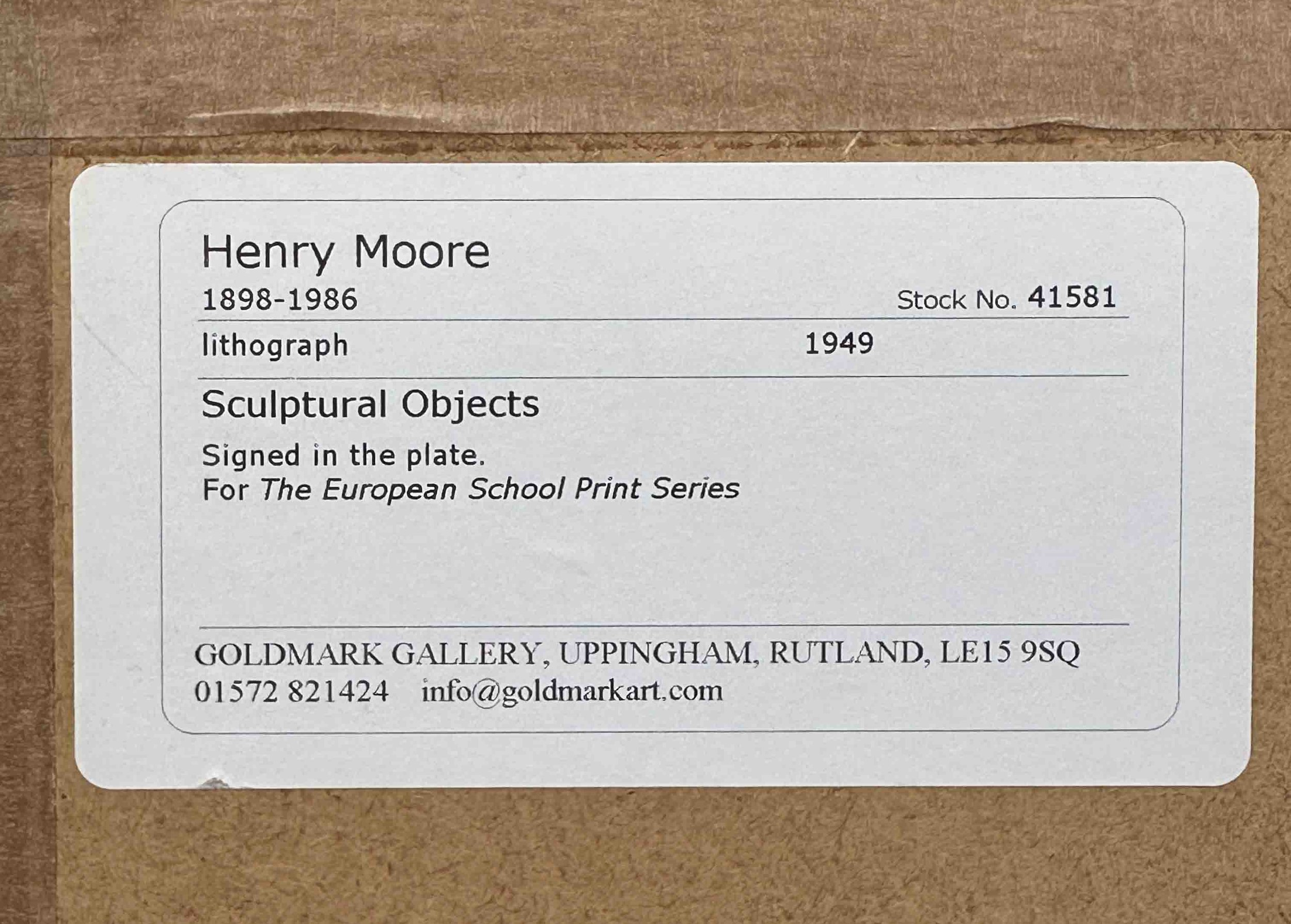 Henry Moore Artist - Sculptural Objects 1949 - Gallery Label Verso