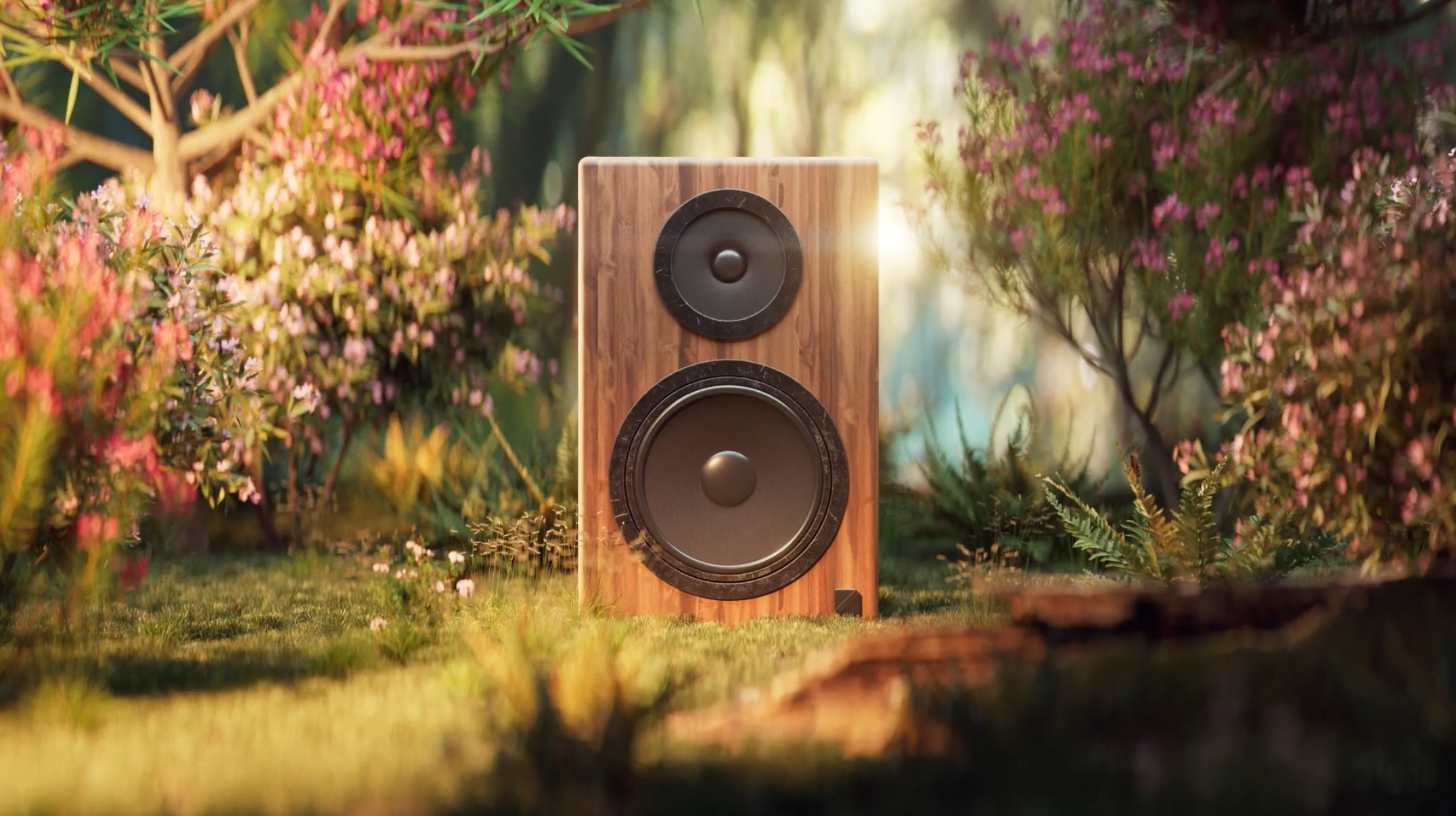  A 3D speaker system sits surrounded by nature in this 3D animation for Linn Audio by Edinburgh based video, animation and VFX studio Heehaw. 