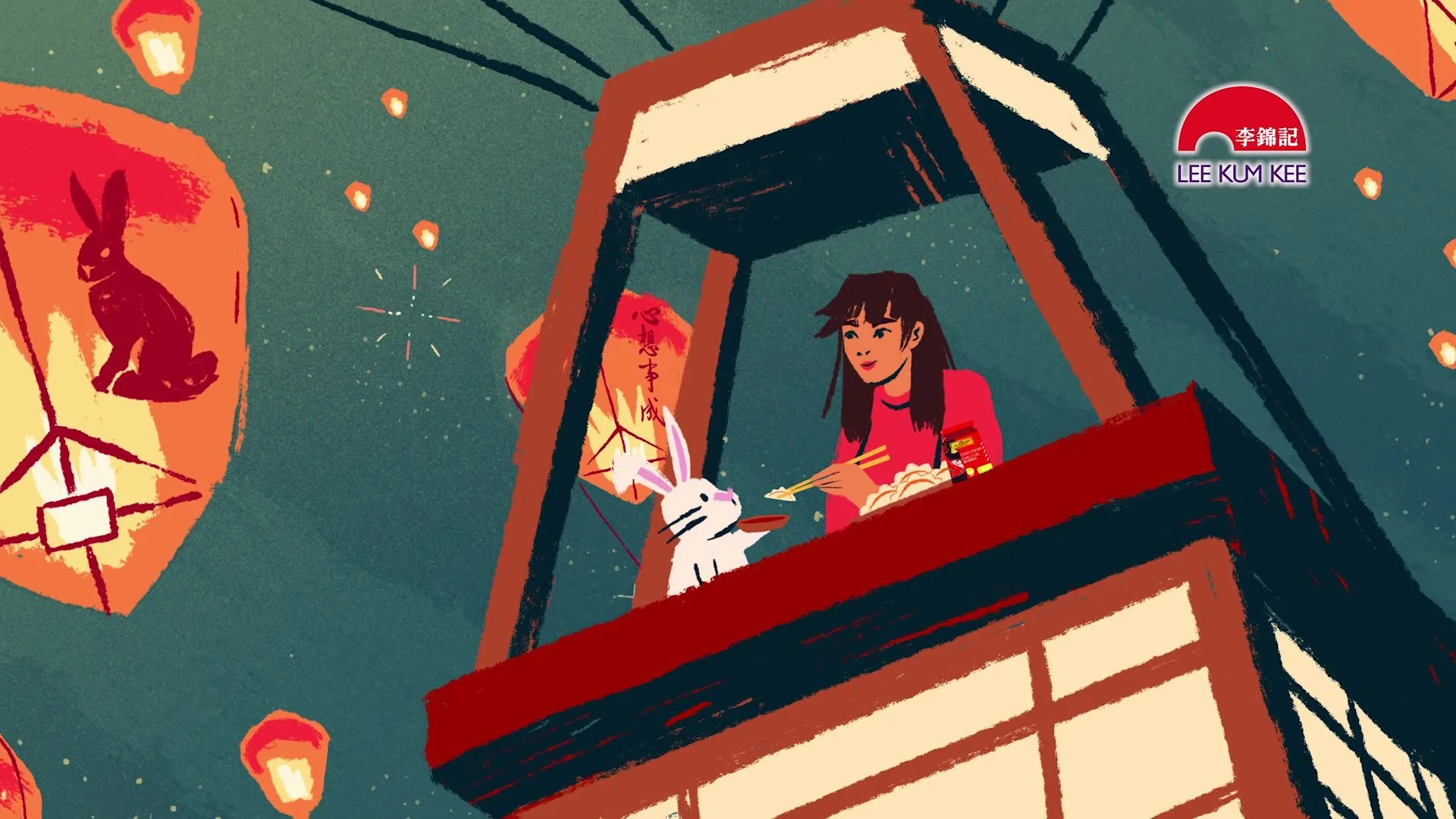 An animated character in a hot air balloon in a video for Chinese sauce brand Lee Kum Kee from animation and VFX studio Heehaw in Scotland