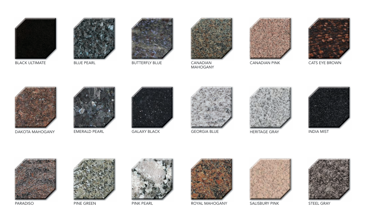 A collection of 16 different granite countertop samples arranged in four rows. The samples include various colors and patterns such as black, blue, gray, pink, brown, green, and multicolored designs, each labeled with their respective names.