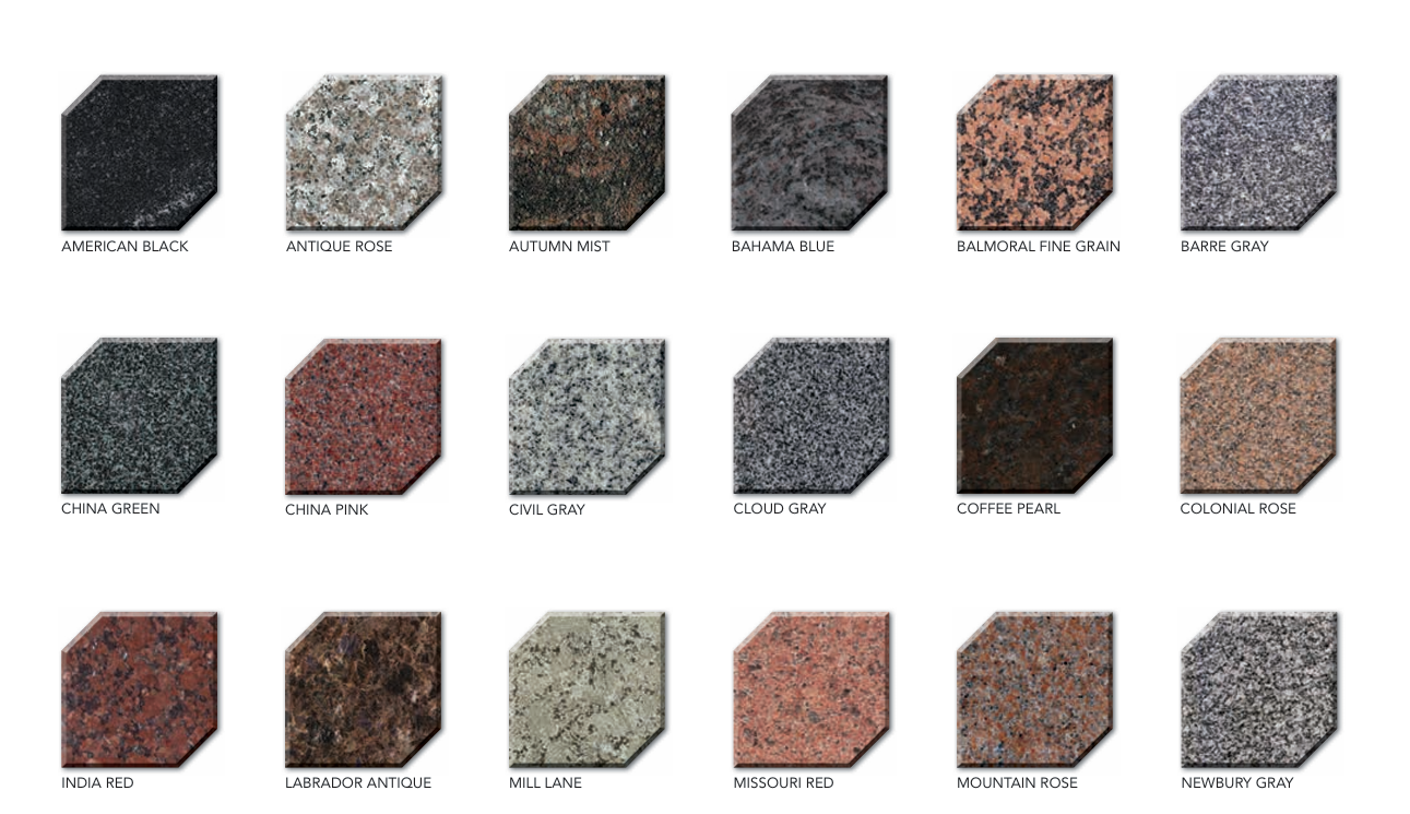 A collection of 20 granite countertop color samples organized in four rows, each labeled with a unique name such as 'American Black', 'Antique Rose', 'Autumn Mist', 'Bahama Blue', among others.
