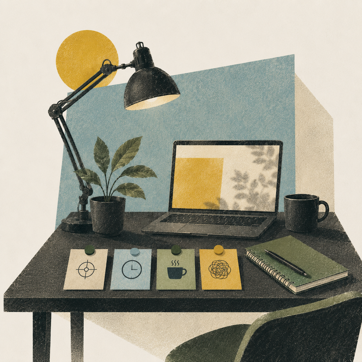 A work desk with a laptop, a potted plant, a black coffee mug, a desk lamp, a small green notebook with a pen, and four pinned notes with icons of a target, clock, coffee cup, and tangled scribble, all against a pale background and a blue and beige partition.