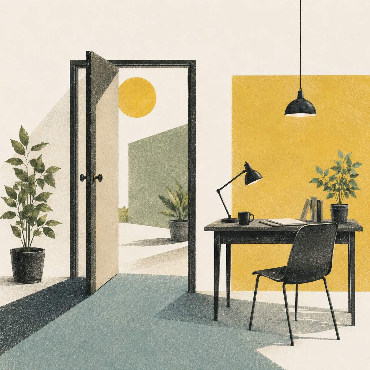Office space with a black desk, chair, desk lamp, black mug, books, and potted plants, with yellow and green painted walls and an open door leading outside.