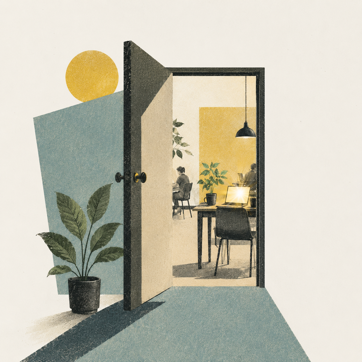 View through a doorway into an office with desk chairs, table, laptop, desk lamp, plants, and people working inside.