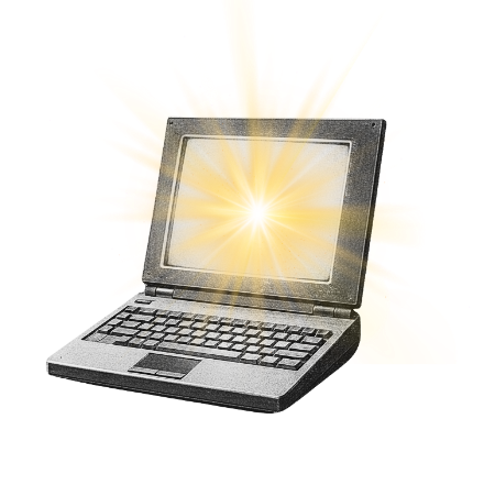 A laptop computer with a bright explosion of yellow and orange light behind it